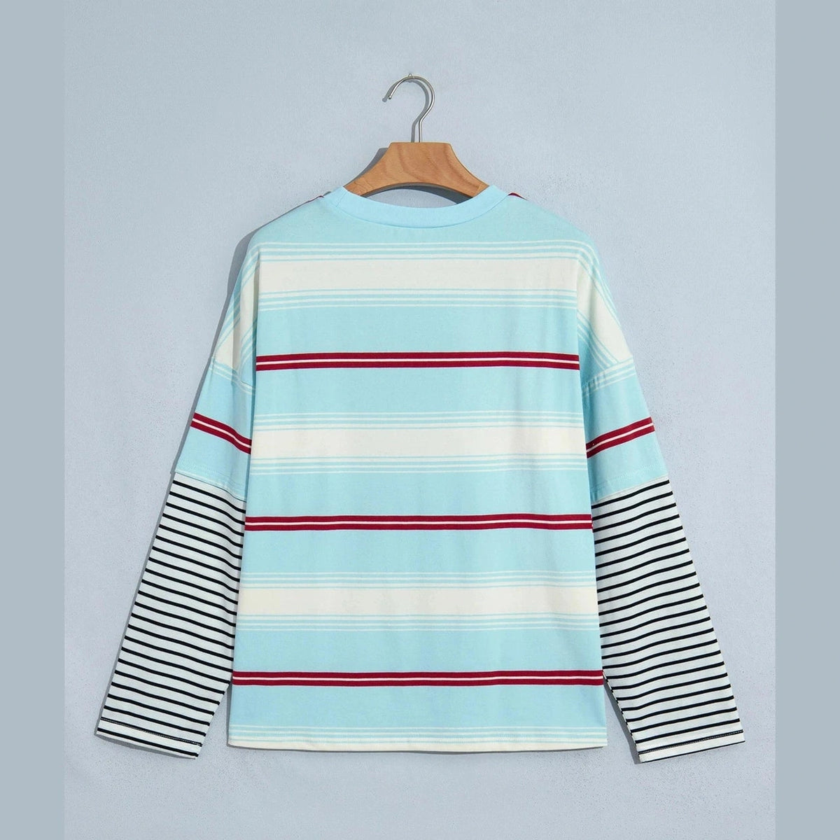 RTS Sky Blue Stripe Casual Striped Patchwork Long Sleeve Loose Pullover Top