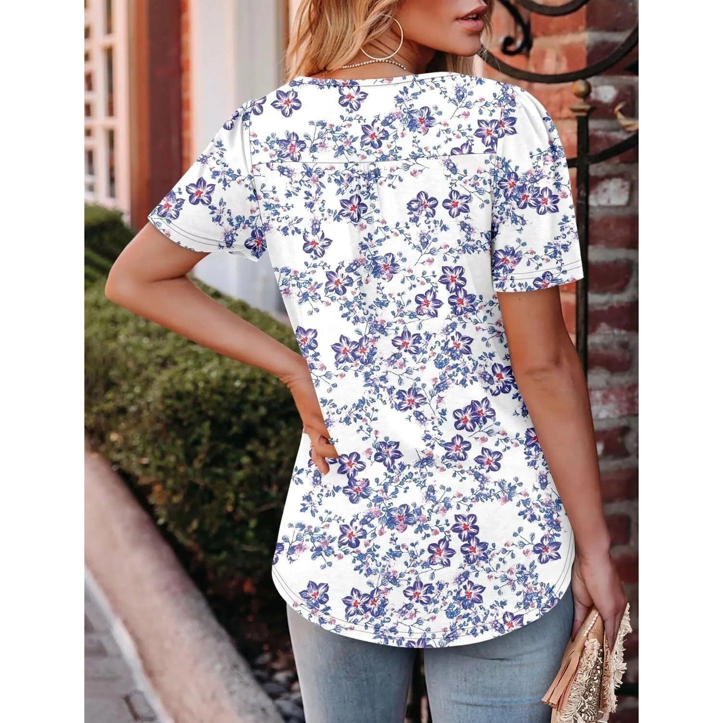 RTS White & Blue Keyhole Pleated Front Top