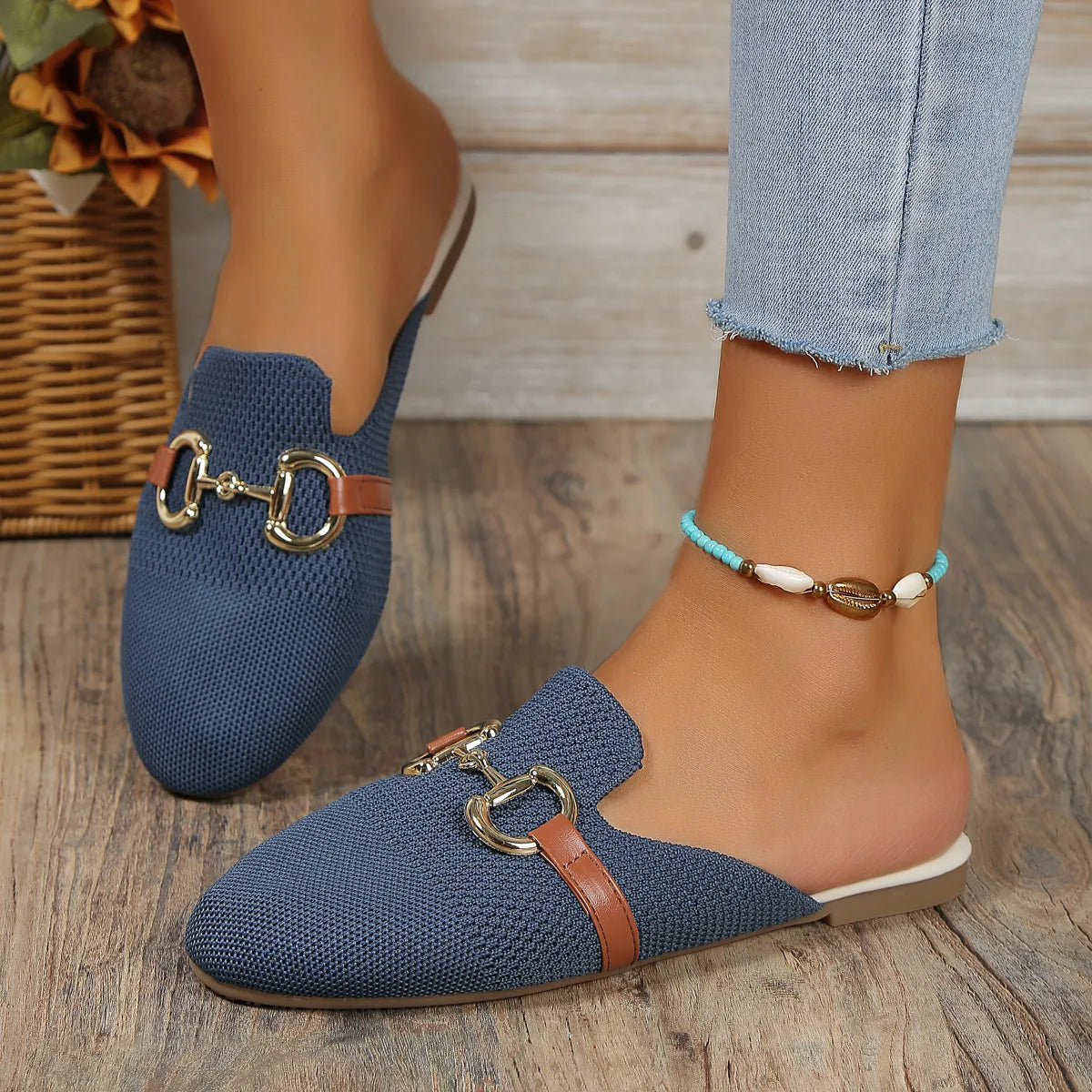 Buckle Decor Breathable Knit Mules - 3 Colors