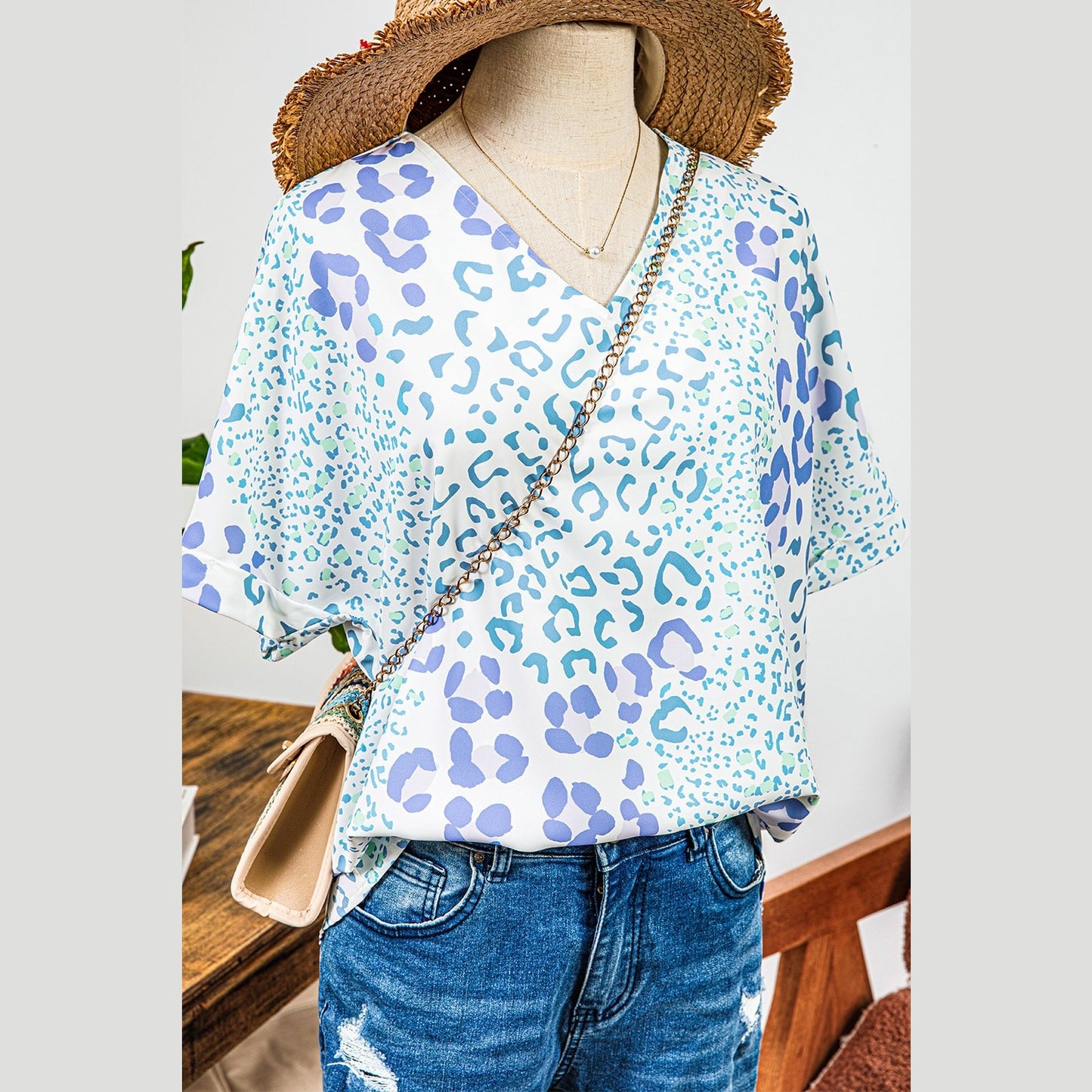 Giorgia Sky Blue Mixed Leopard Print V Neck Short Sleeve Blouse