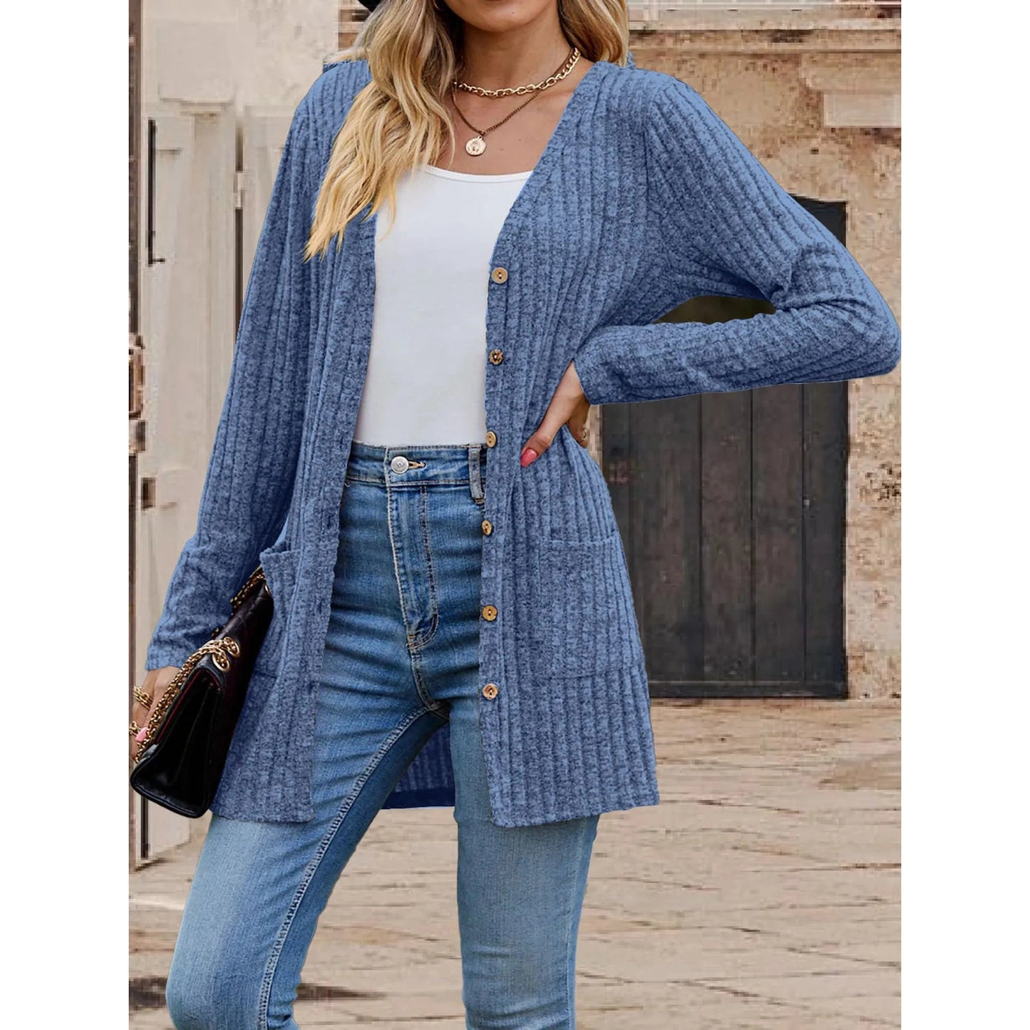 Lucie Blue Button Front Lightweight Long Cardigan