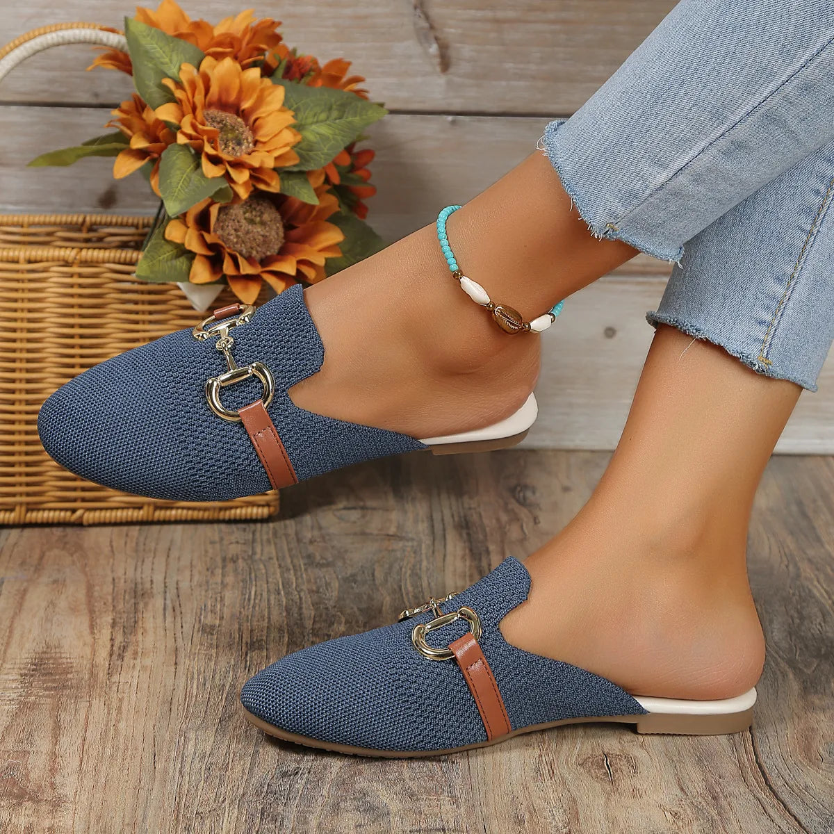 Buckle Decor Breathable Knit Mules - 3 Colors
