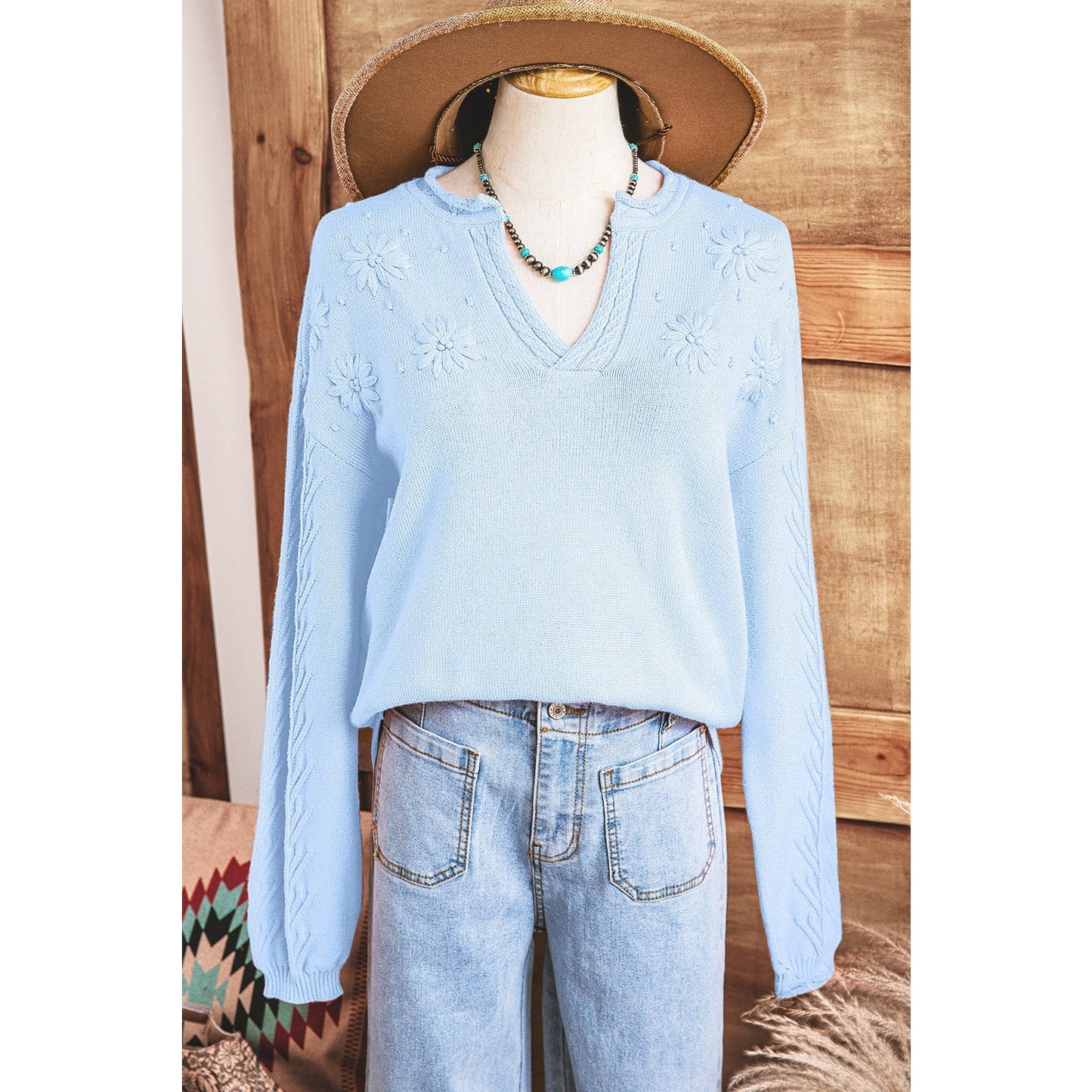 REDUCED!!! Vilma Blue Blossom Flower Detail Knitted Notched Neck Sweater REDUCED!!!