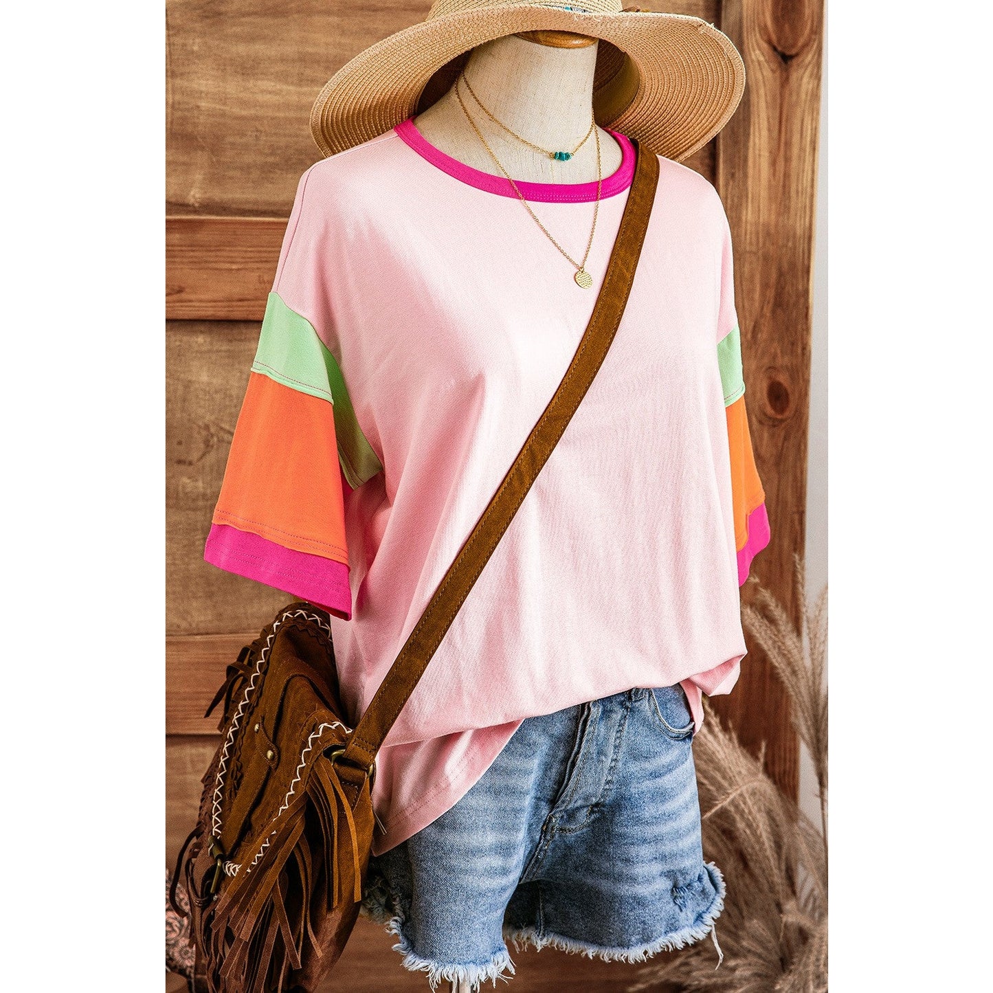 Bree Pink Color Block Stitching Sleeve Round Neck Oversize Top