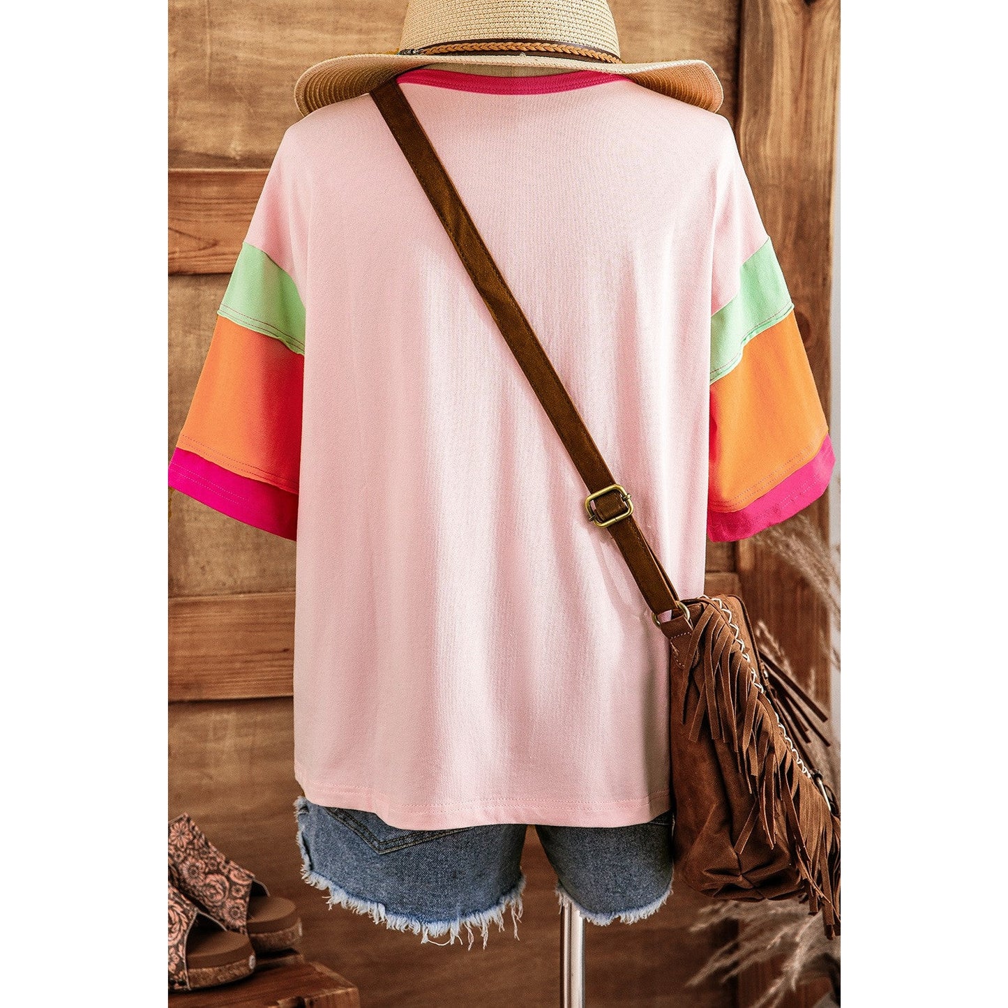 Bree Pink Color Block Stitching Sleeve Round Neck Oversize Top