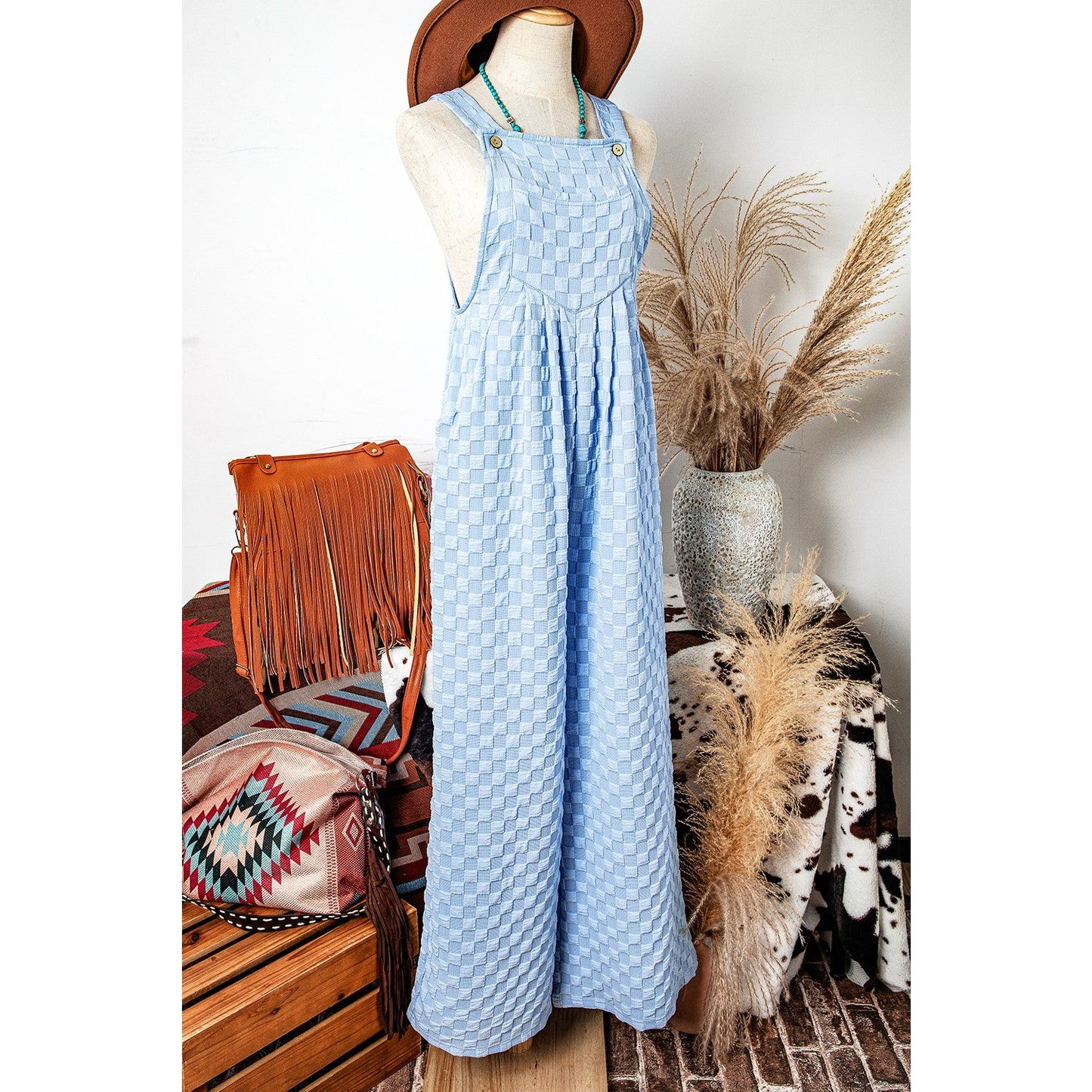 Brinley Beau Blue Checkered Pocketed High Waist Wide Leg Overall
