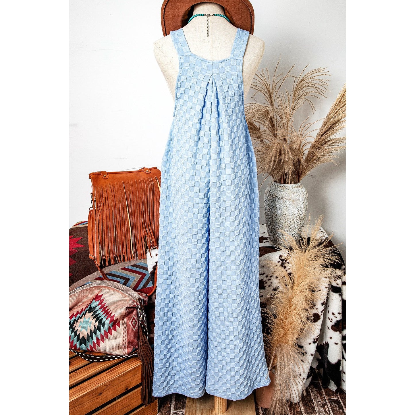 Brinley Beau Blue Checkered Pocketed High Waist Wide Leg Overall