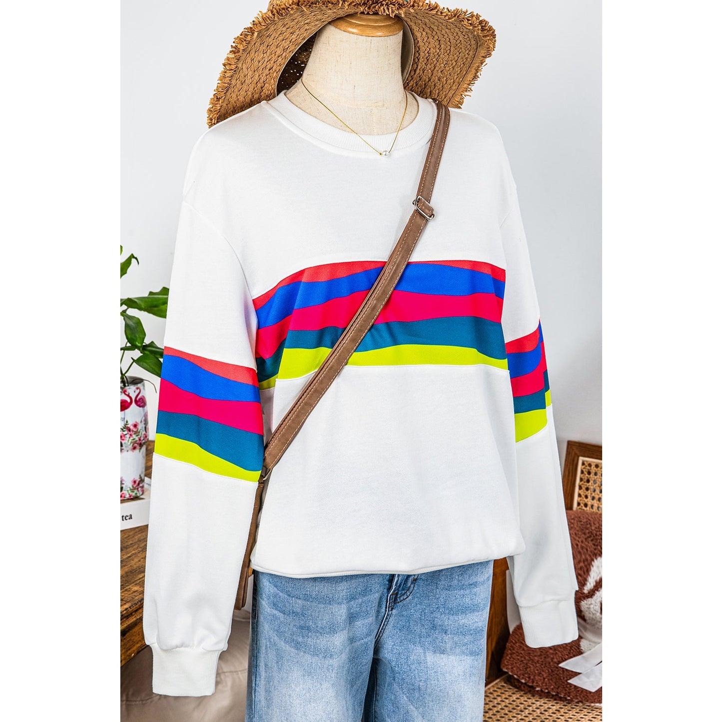Brisa White Colorful Striped Accent Long Sleeve T Shirt
