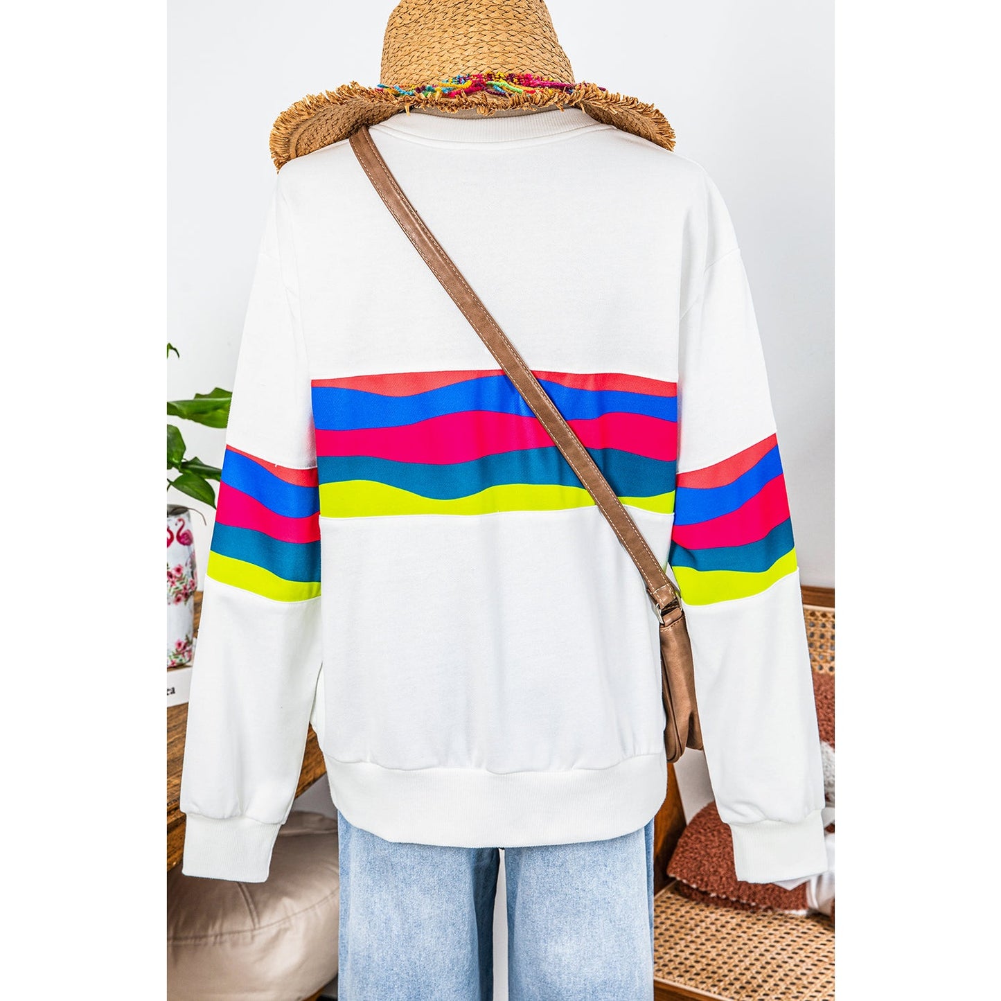 Brisa White Colorful Striped Accent Long Sleeve T Shirt