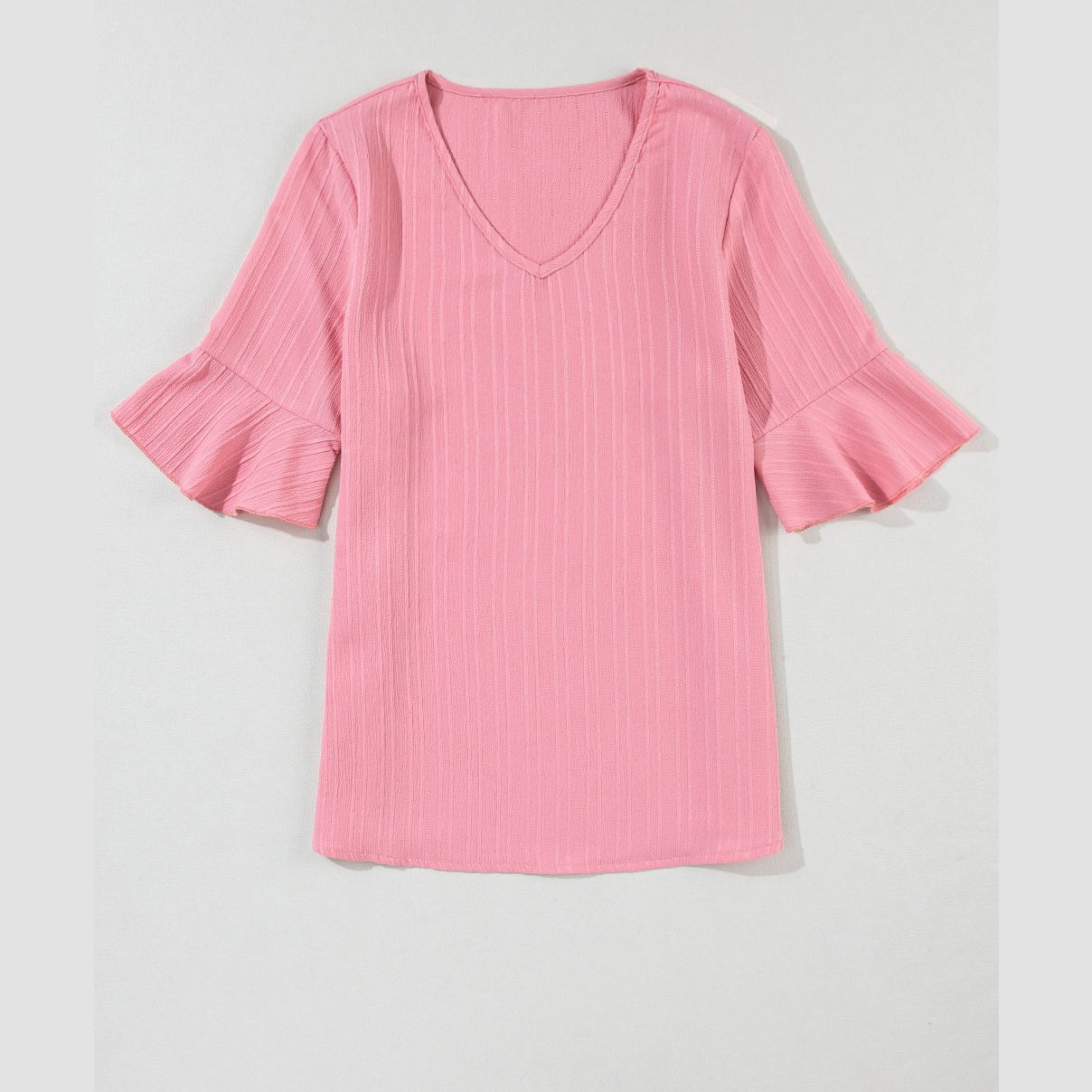 RTS Brixslee Peach Blossom Ruffled Half Sleeve V Neck Textured Top