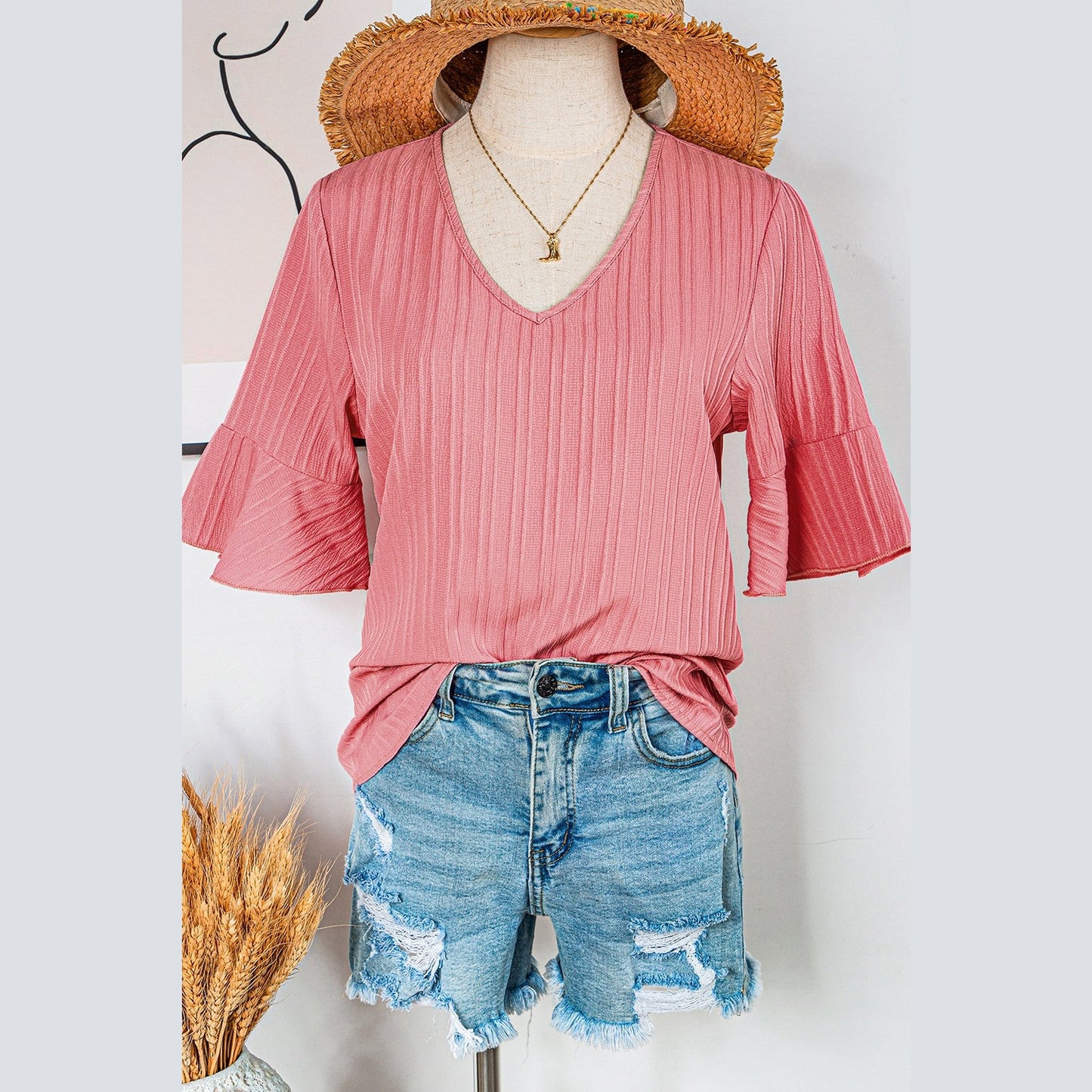 RTS Brixslee Peach Blossom Ruffled Half Sleeve V Neck Textured Top