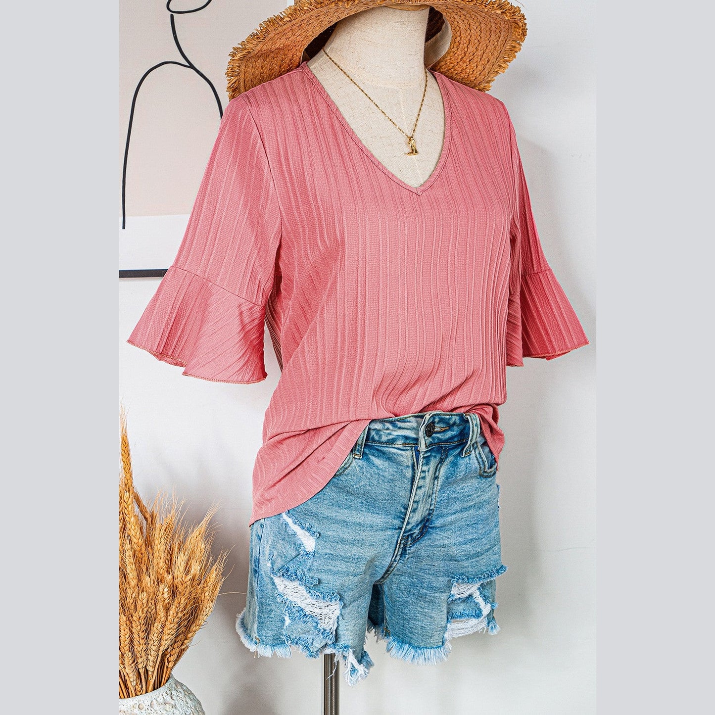 RTS Brixslee Peach Blossom Ruffled Half Sleeve V Neck Textured Top
