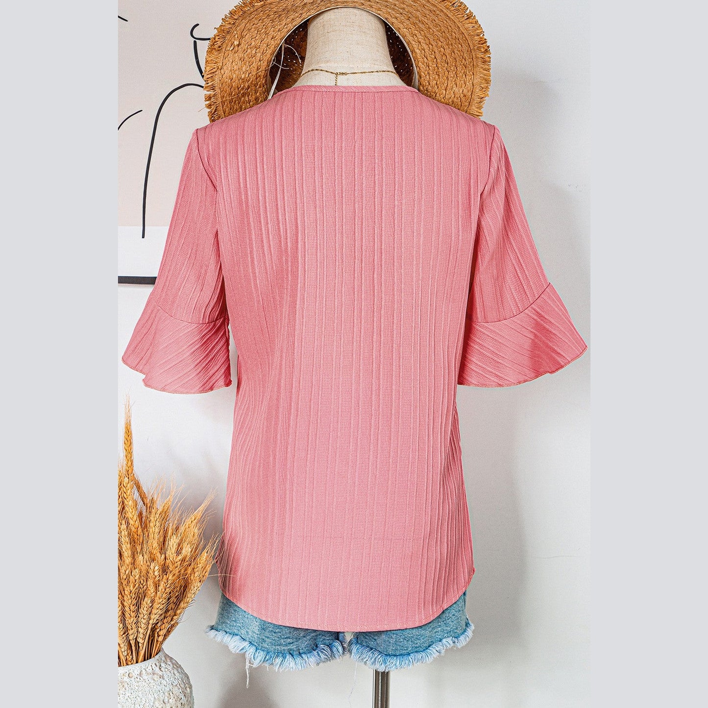 RTS Brixslee Peach Blossom Ruffled Half Sleeve V Neck Textured Top