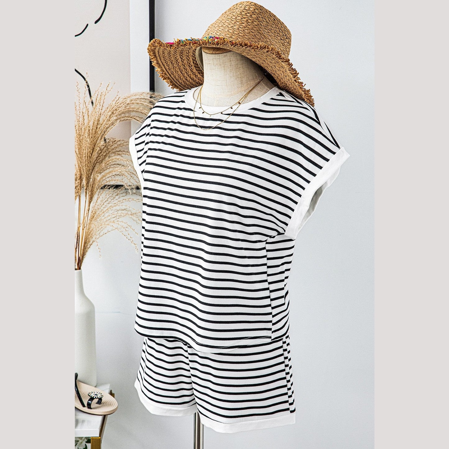 Brixley White Stripe Contrast Edge Tee and Shorts Set