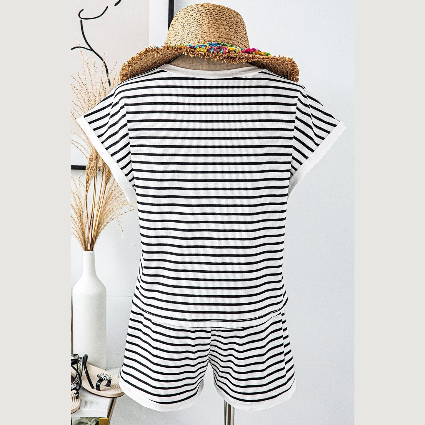 Brixley White Stripe Contrast Edge Tee and Shorts Set