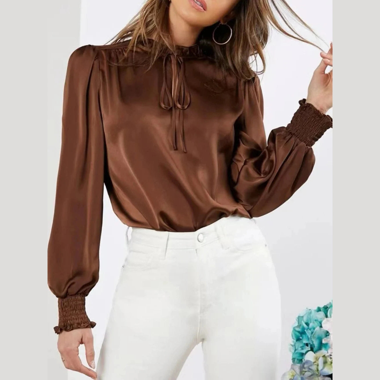 Biba Brown Stand Collar Satin Blouse