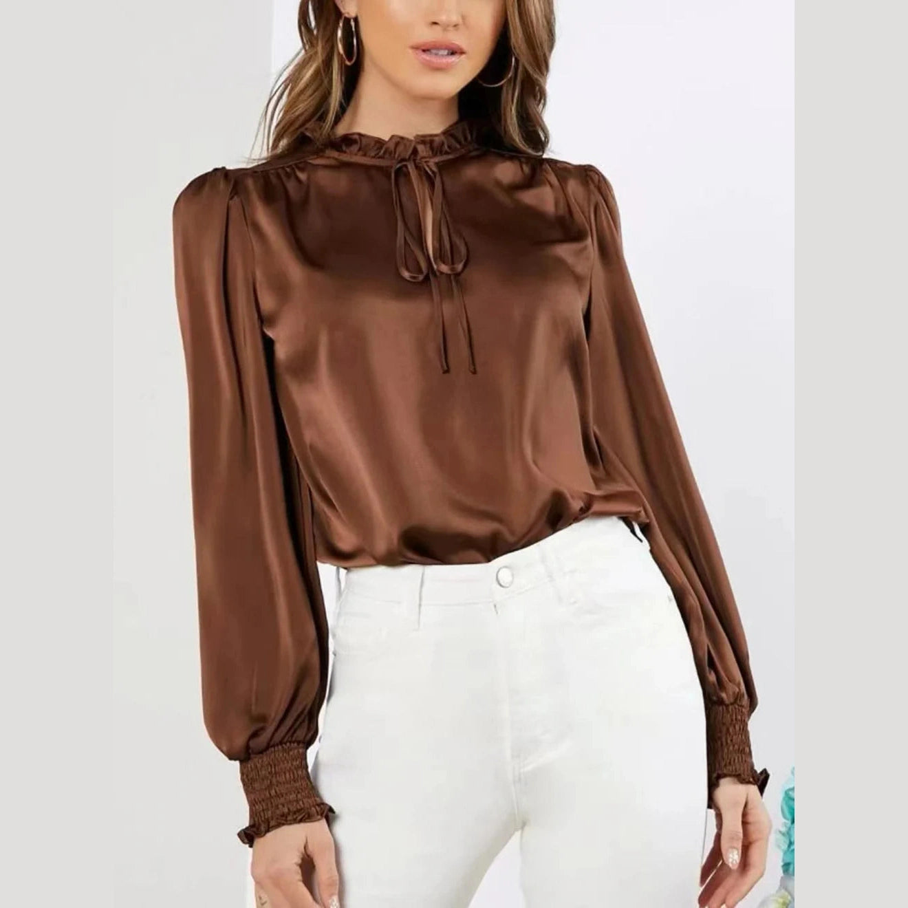 Biba Brown Stand Collar Satin Blouse