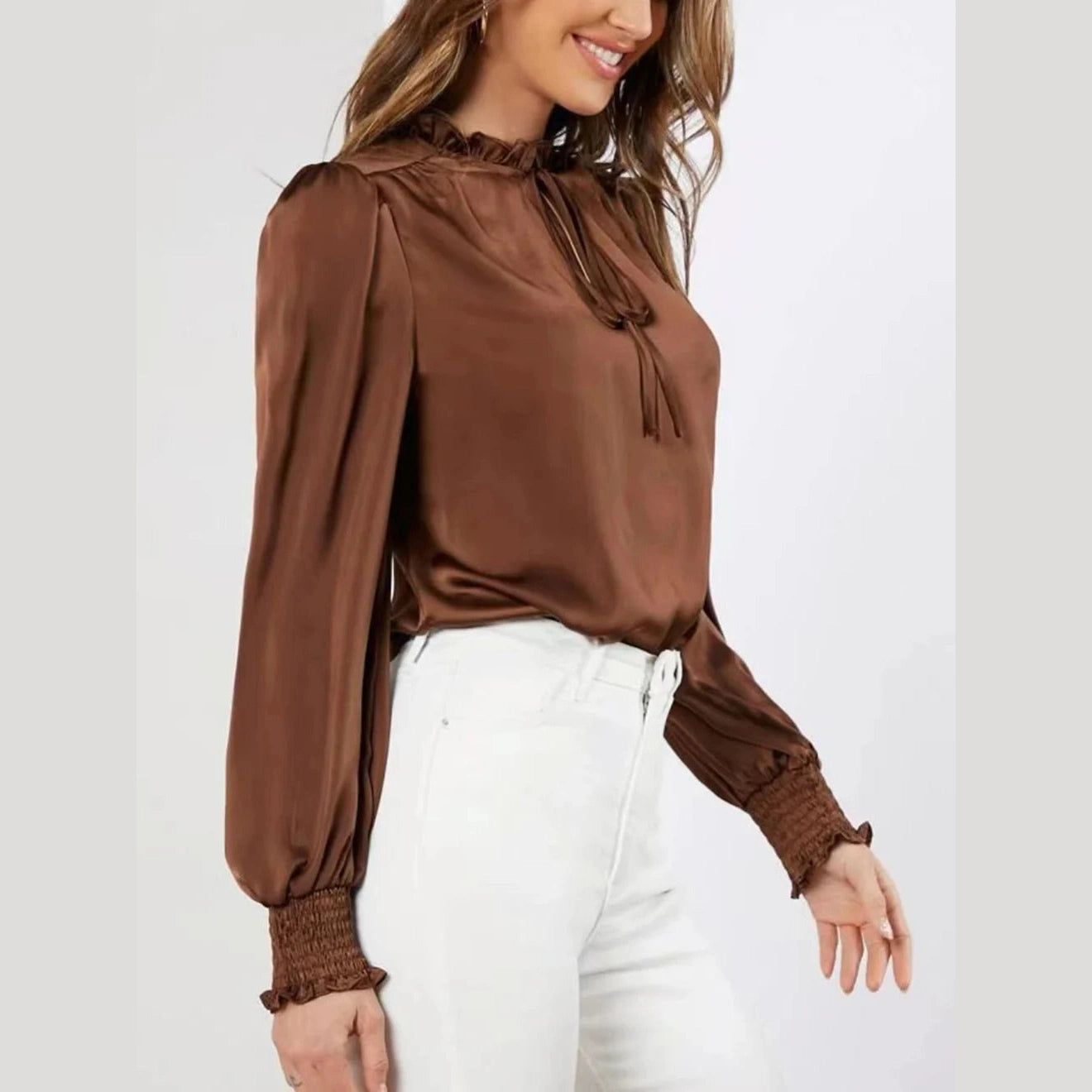 Biba Brown Stand Collar Satin Blouse