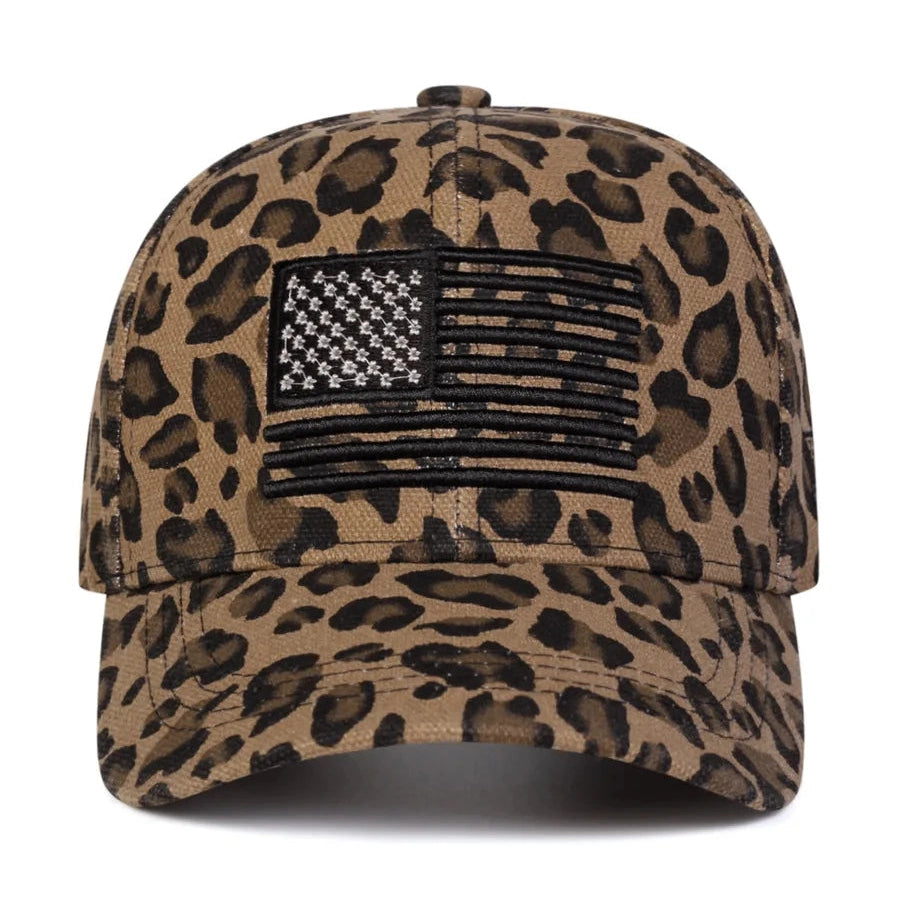 Embroidered American Flag Leopard Print Baseball Cap - 3 Colors