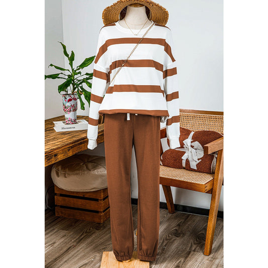 Gisselle Brown Striped Drop Shoulder Pullover and Jogger Pants Set * S-3X