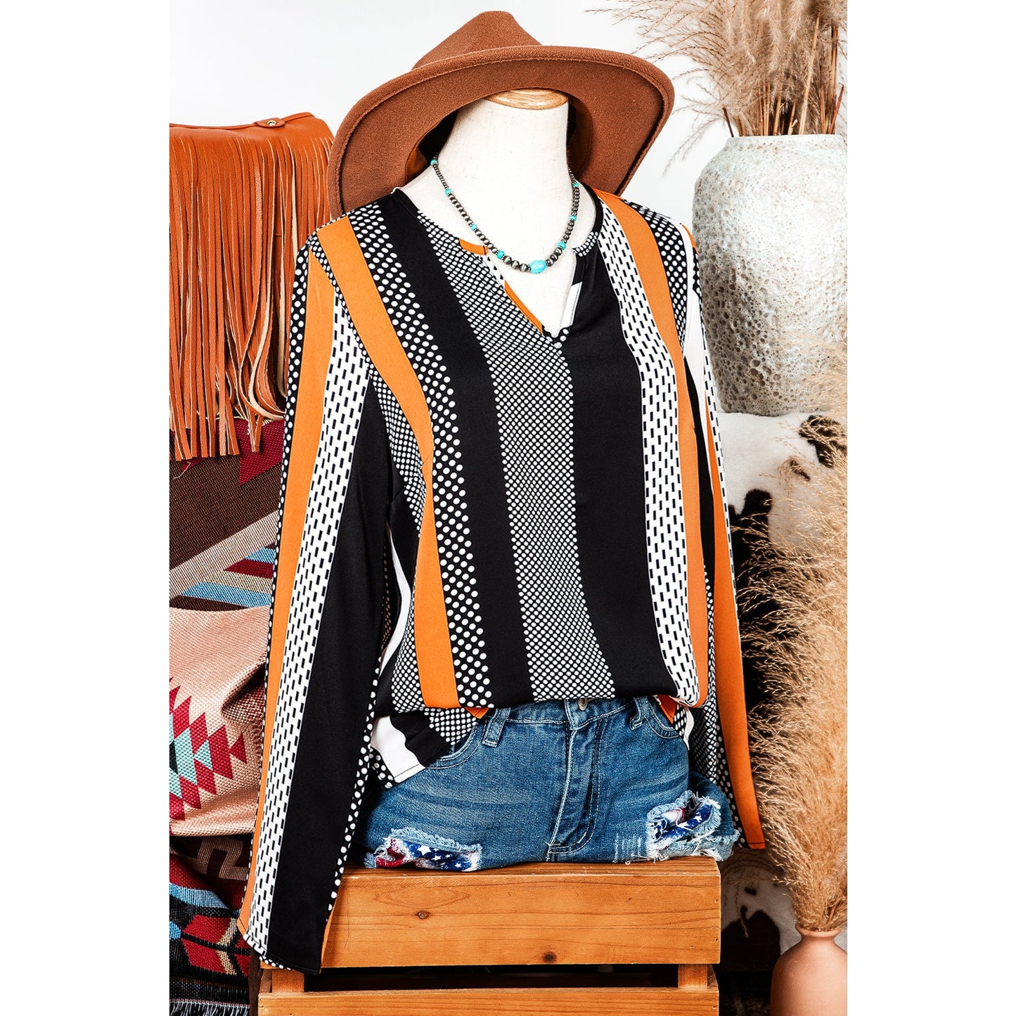 Bunny Orange Geo Print Colorblock Notched V Neck Blouse