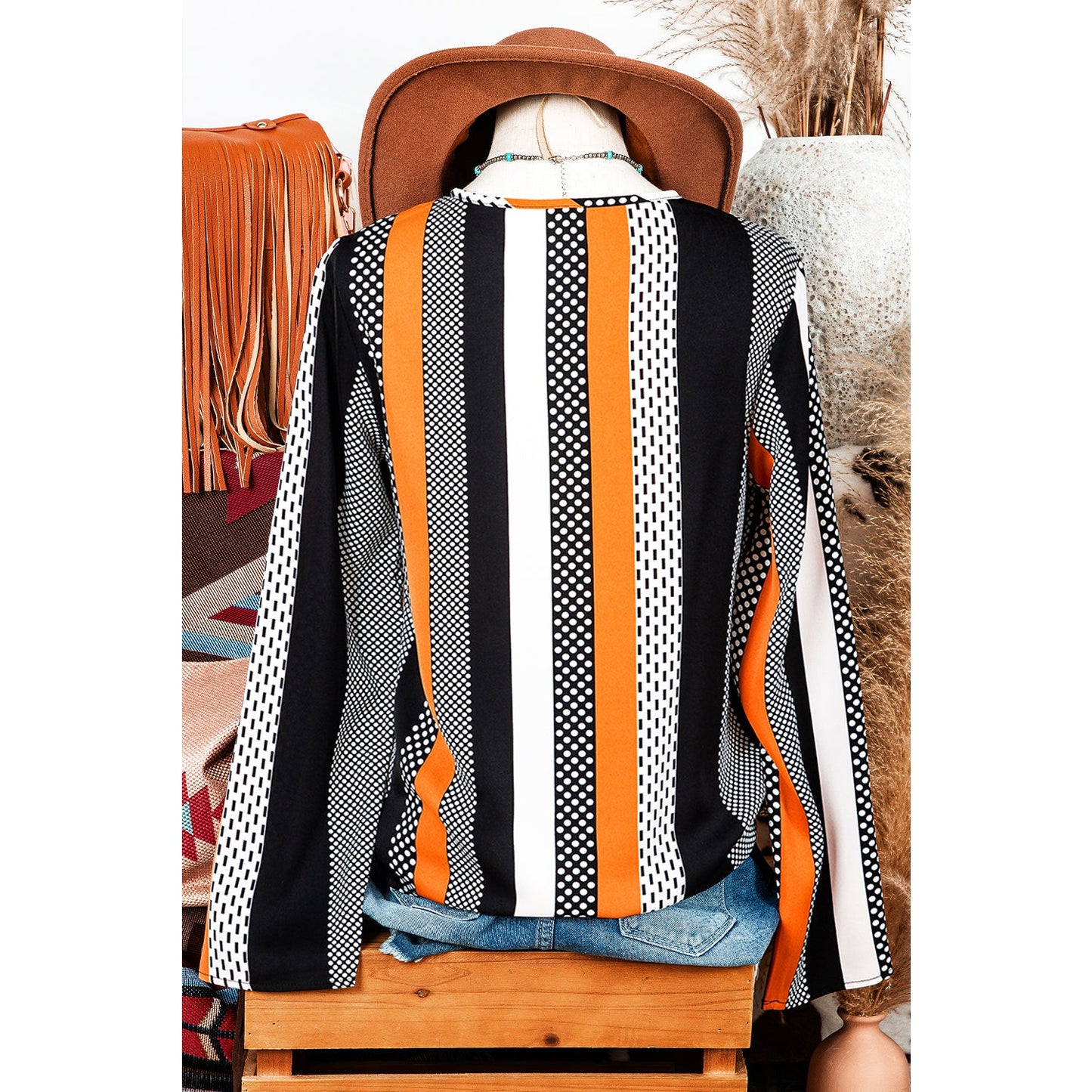 Bunny Orange Geo Print Colorblock Notched V Neck Blouse