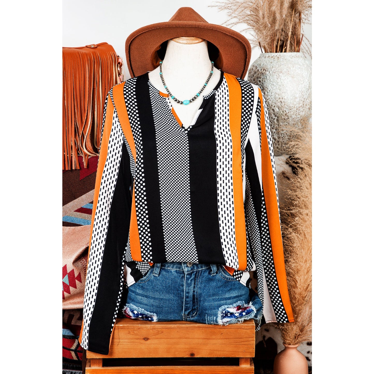 Bunny Orange Geo Print Colorblock Notched V Neck Blouse