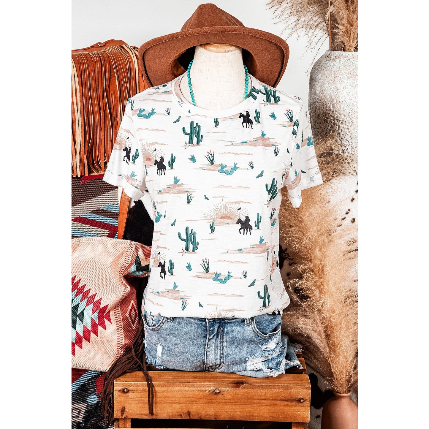 Western Cactus Print Crew Neck Short Sleeve Top