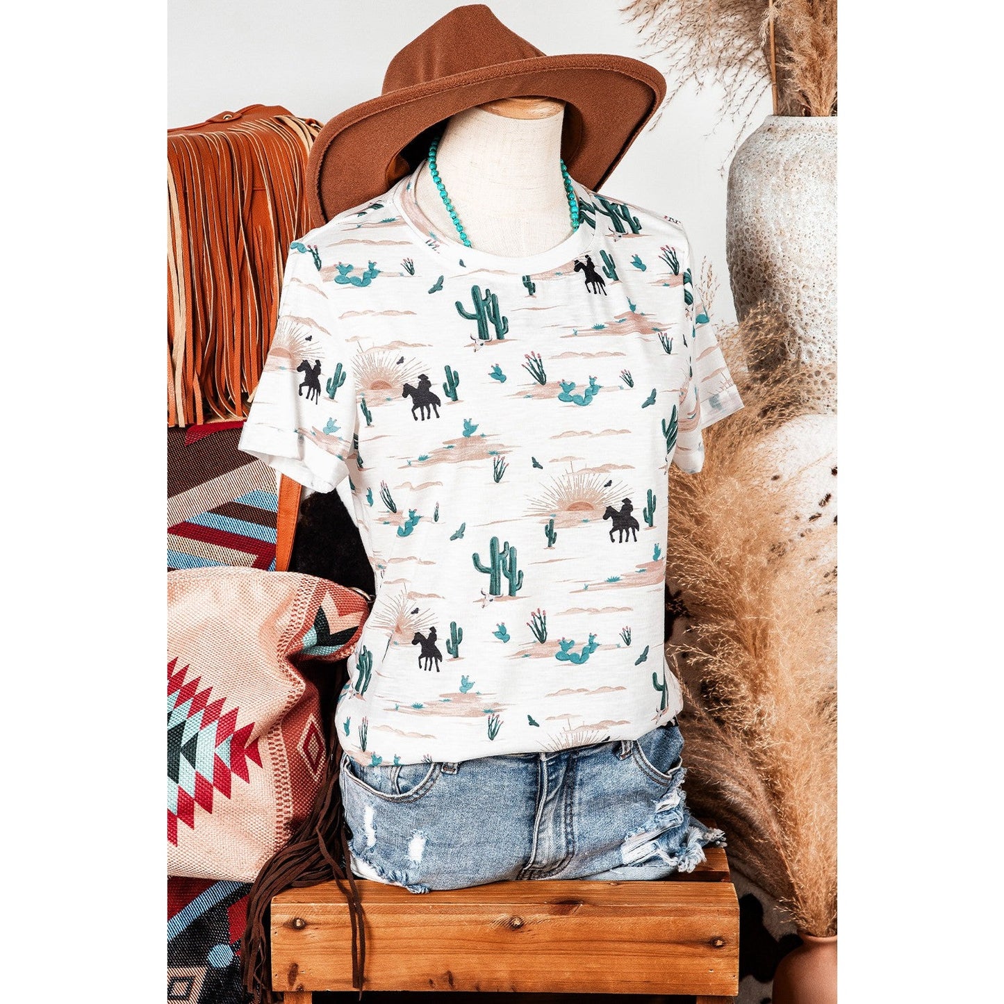 Western Cactus Print Crew Neck Short Sleeve Top
