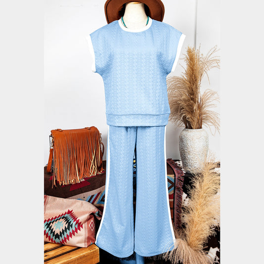 REDUCED!!!  Cailey Beau Blue Textured Colorblock Edge Tank Top High Waist Pants Set  REDUCED!!!
