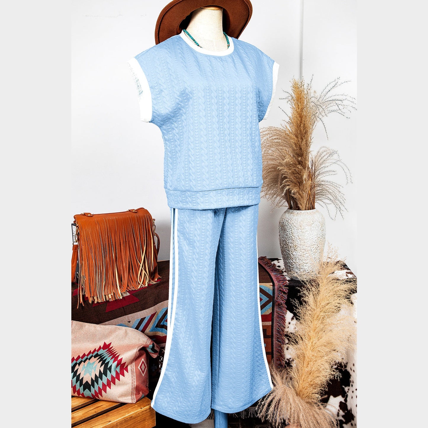 REDUCED!!! Cailey Beau Blue Textured Colorblock Edge Tank Top High Waist Pants Set REDUCED!!!