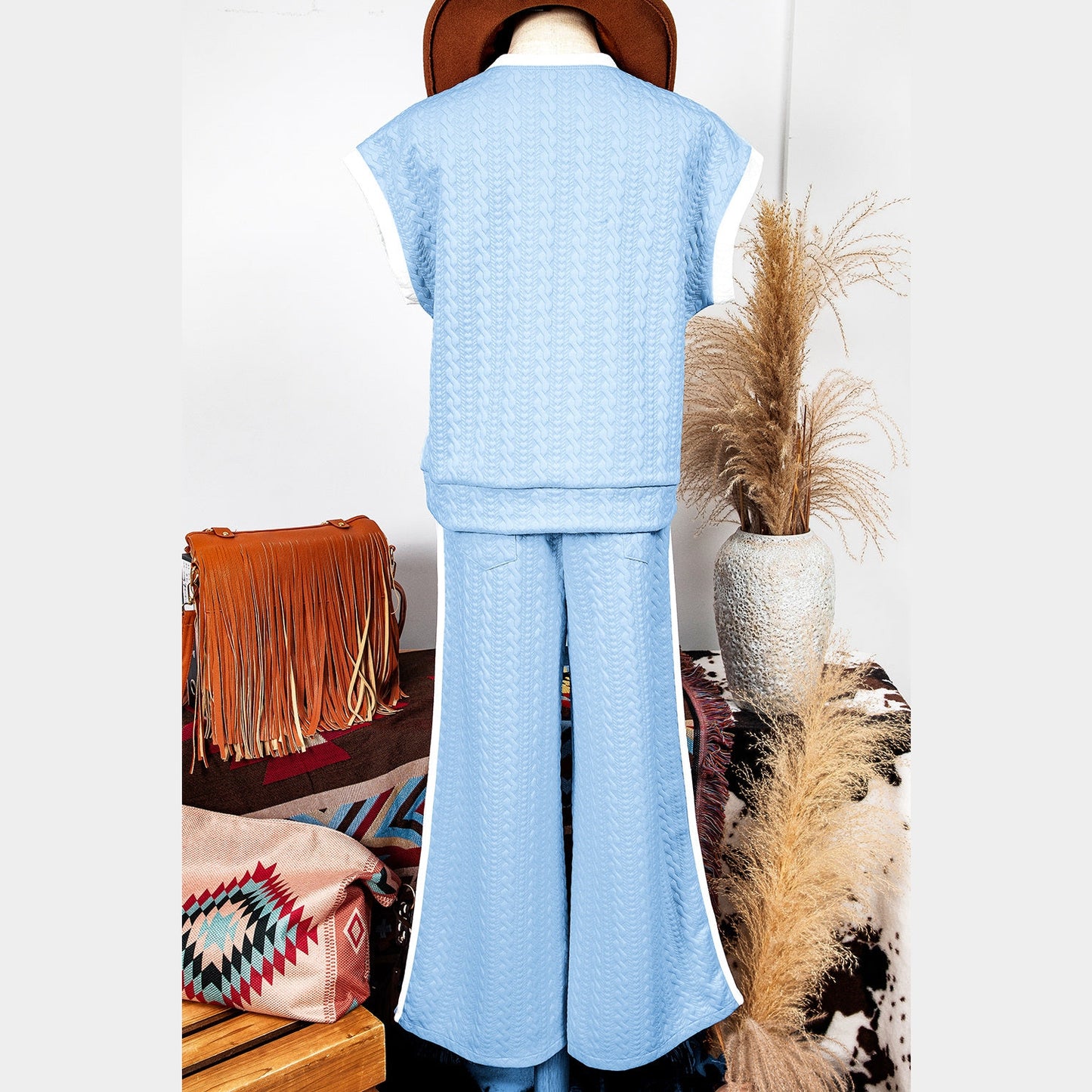 REDUCED!!! Cailey Beau Blue Textured Colorblock Edge Tank Top High Waist Pants Set REDUCED!!!