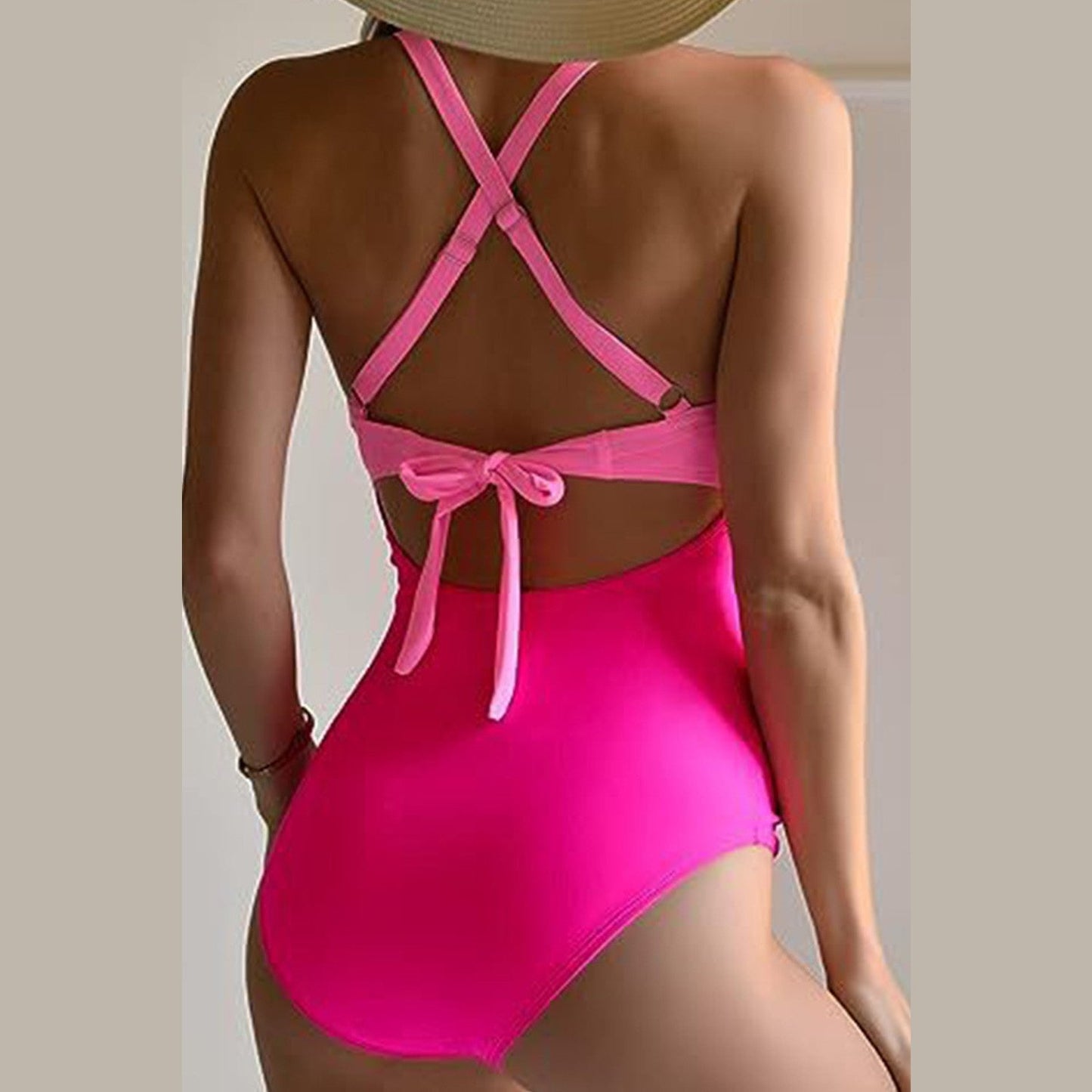 Camille Pink 2-Tone Crossed Cutout Backless Monokini