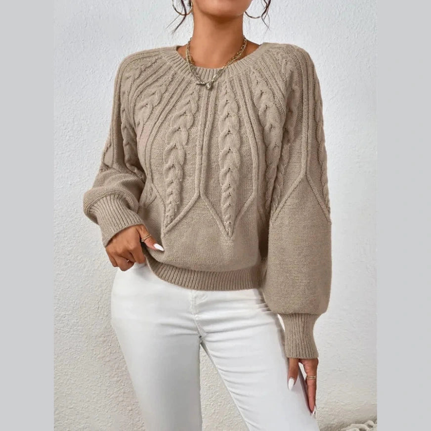 Candra Khaki Cable Knit Lantern Sleeve Sweater
