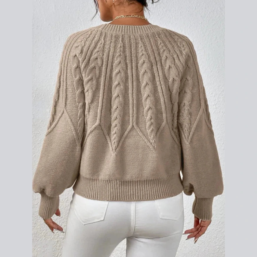 Candra Khaki Cable Knit Lantern Sleeve Sweater