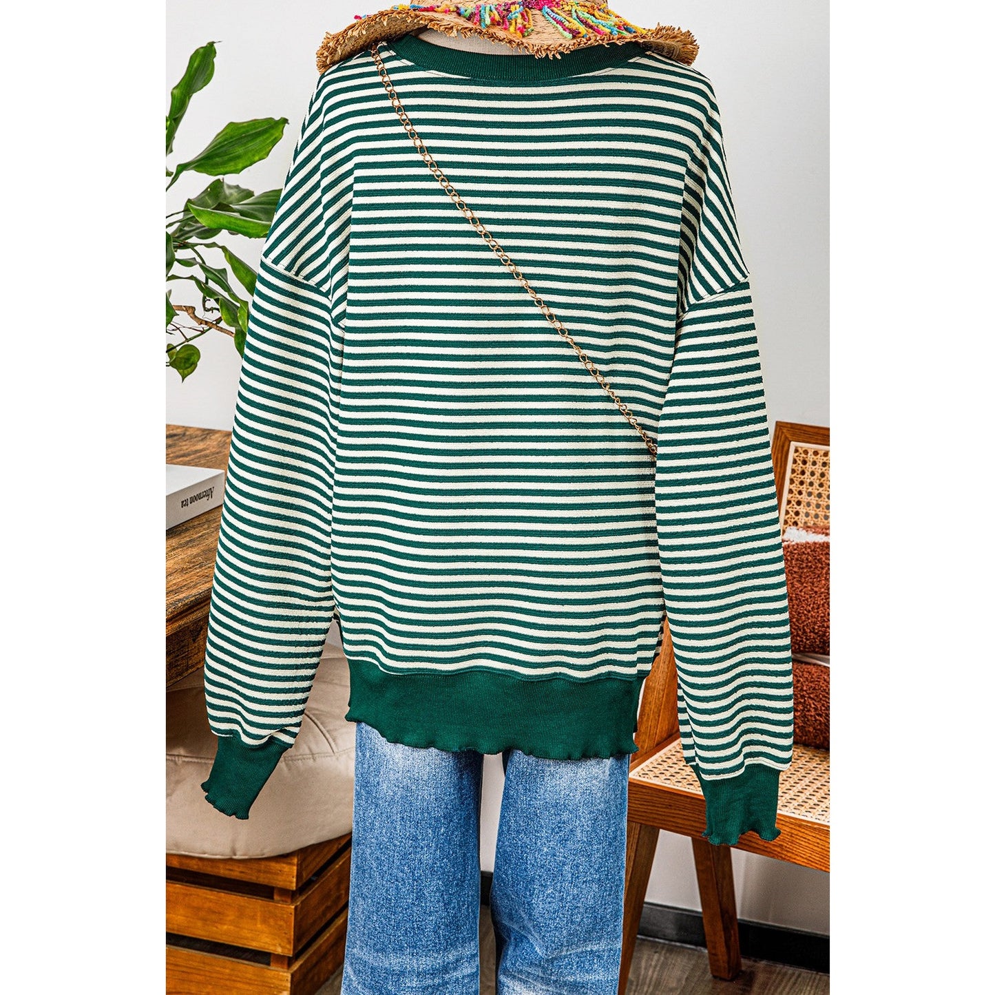 Carina Green Stripe Loose Drop Shoulder Long Sleeve Top