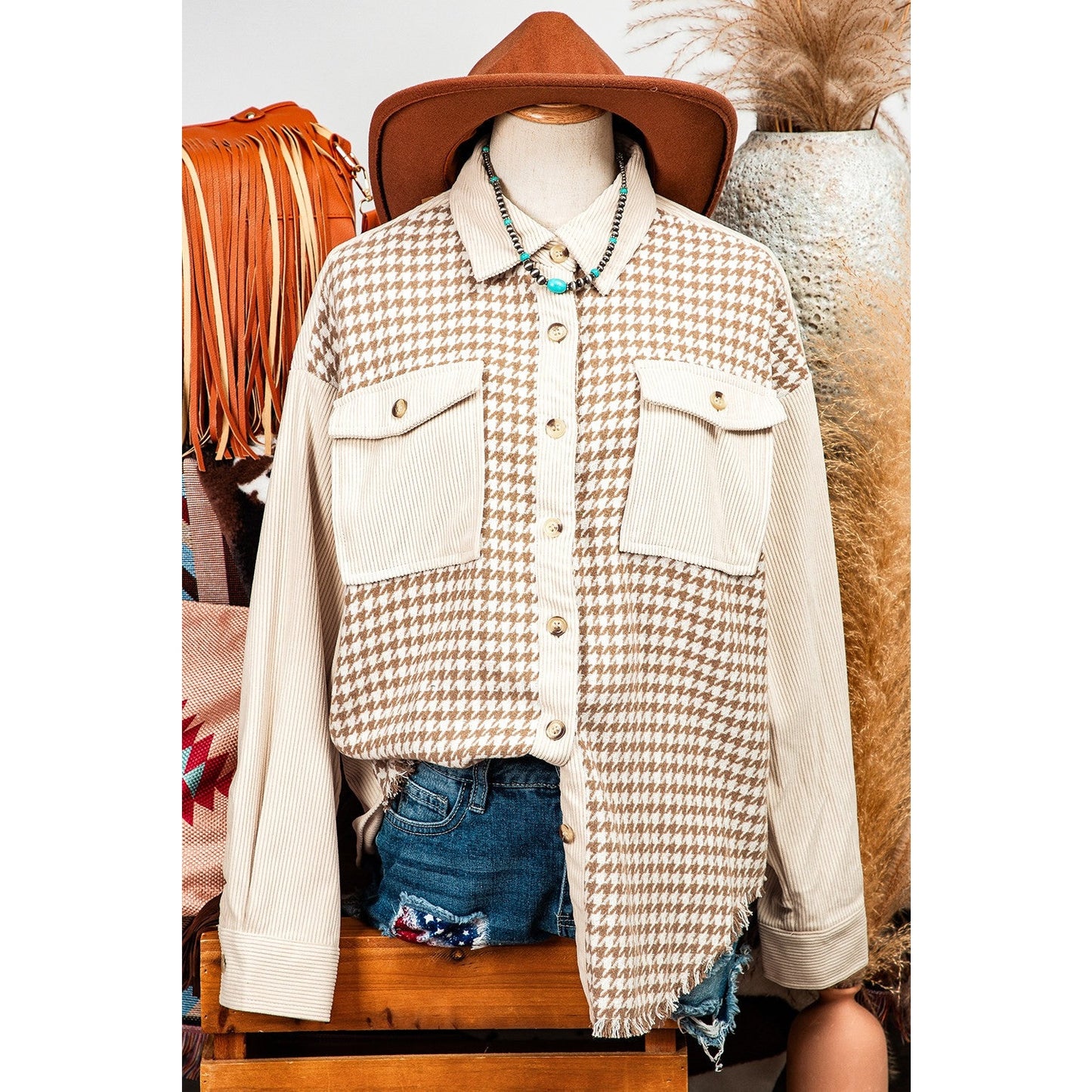 REDUCED!!! Carlotta Parchment Houndstooth Corduroy Patchwork Flap Pocket Shacket REDUCED!!!