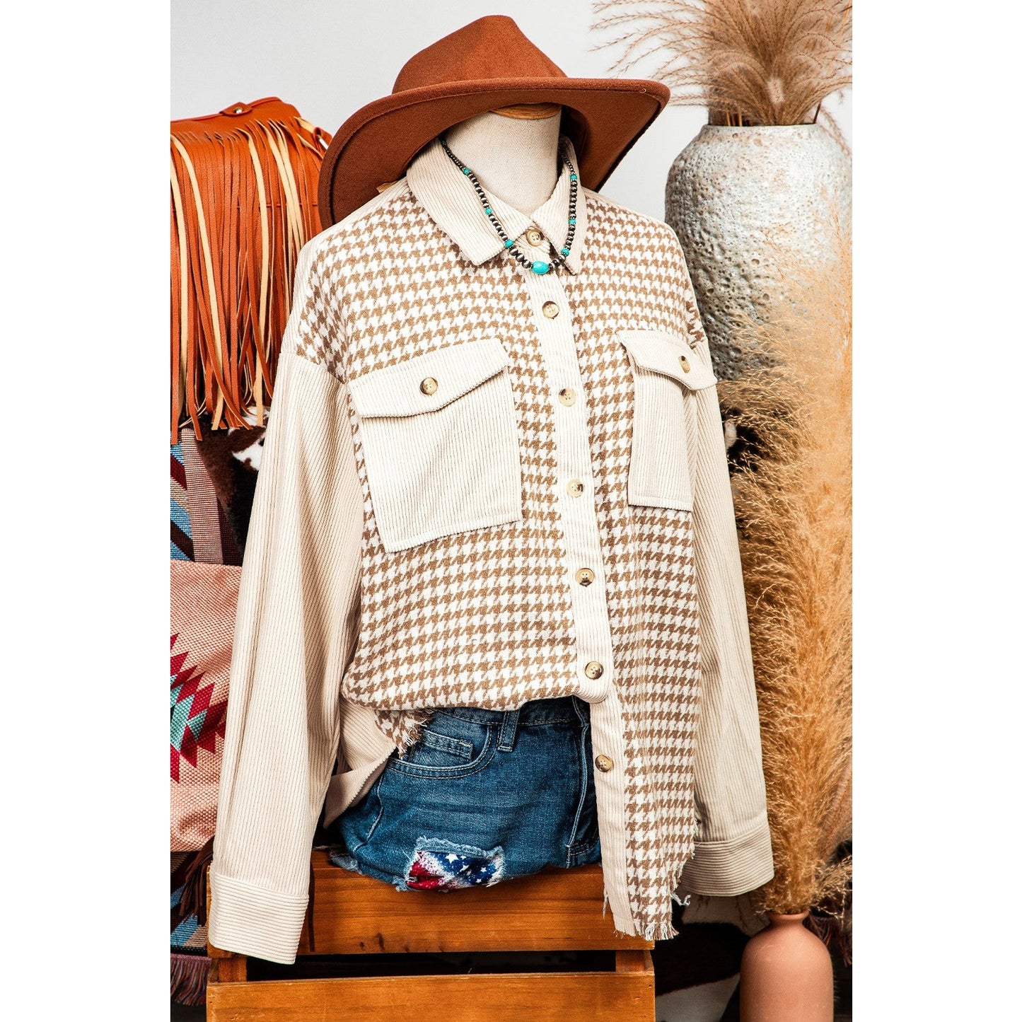 REDUCED!!! Carlotta Parchment Houndstooth Corduroy Patchwork Flap Pocket Shacket REDUCED!!!