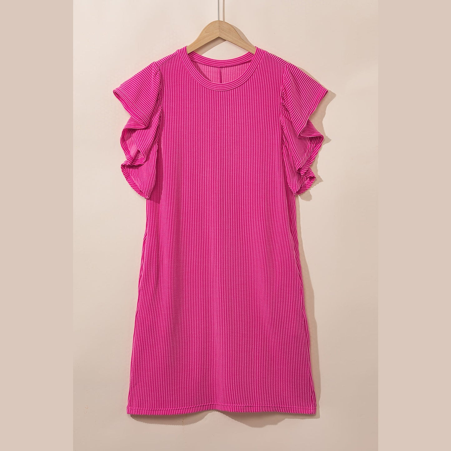 Carmelita Hot Pink Textured Ruffled Flutter Sleeve Mini Dress