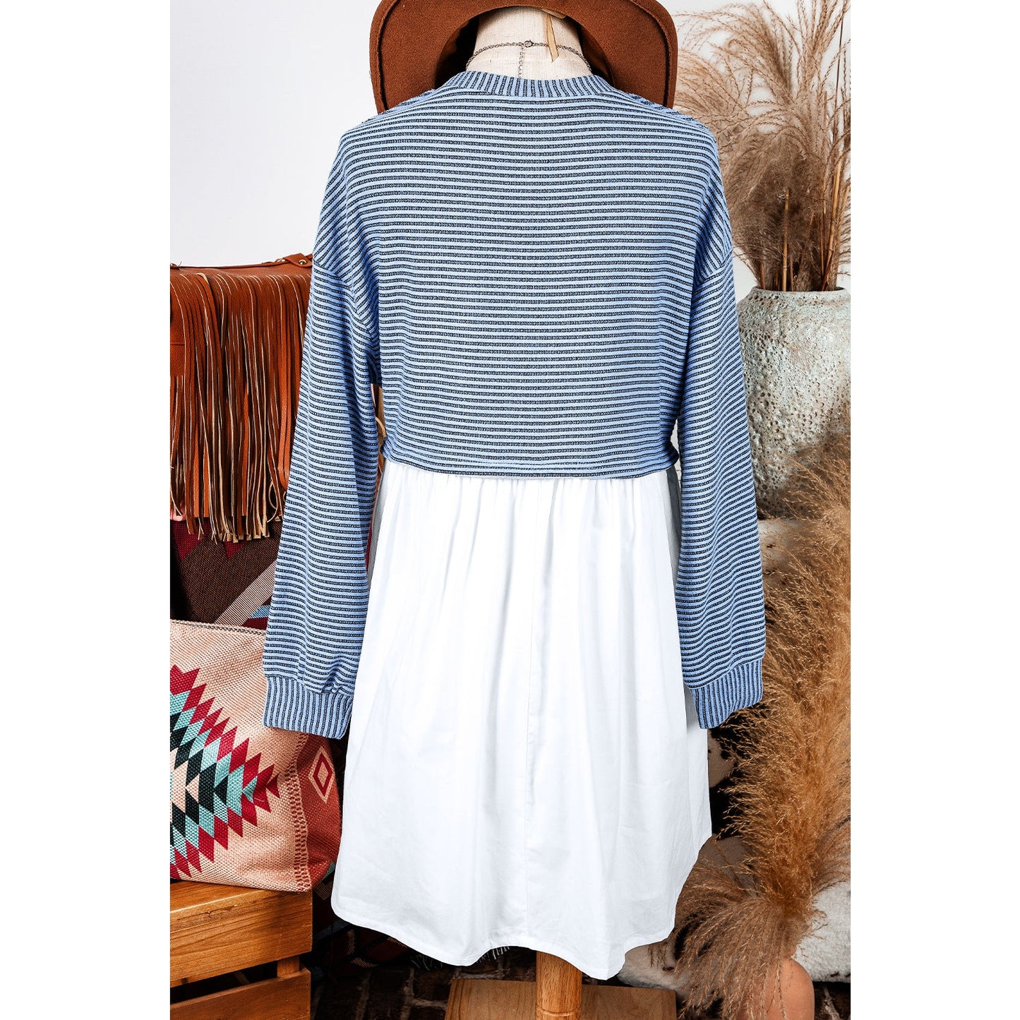 Carsten Sky Blue Stripe Patchwork Pleated High Waist Loose Mini Dress