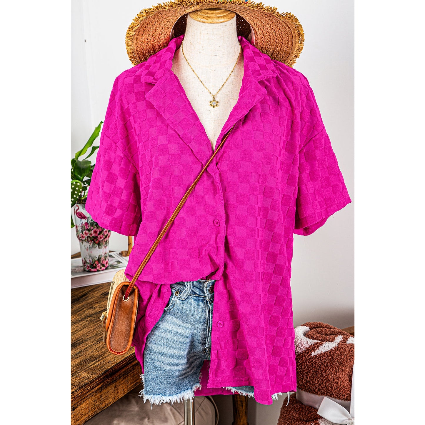 SALE!!! Carsyn Bright Pink Lapel Neck Checkered Textured Short Sleeve Shirt SALE!!!