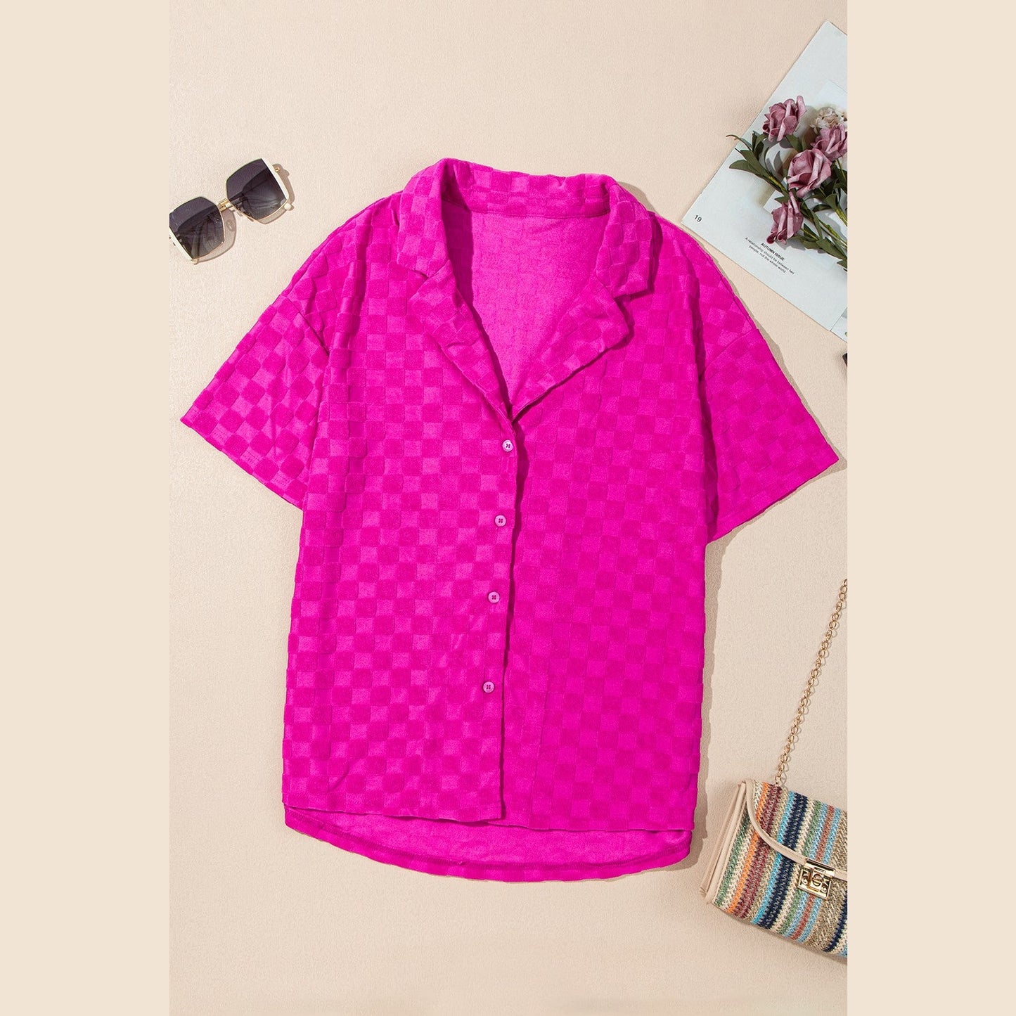SALE!!! Carsyn Bright Pink Lapel Neck Checkered Textured Short Sleeve Shirt SALE!!!
