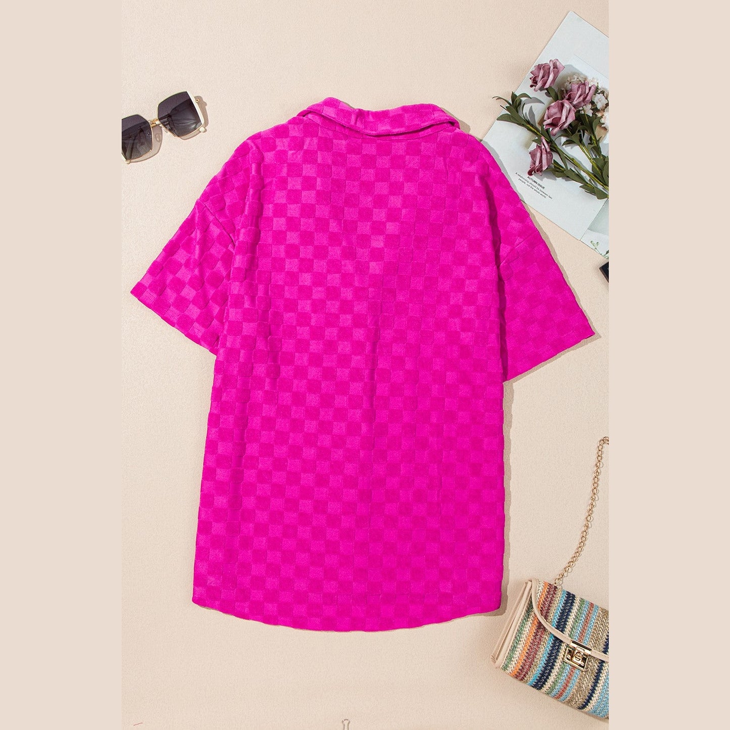 SALE!!! Carsyn Bright Pink Lapel Neck Checkered Textured Short Sleeve Shirt SALE!!!