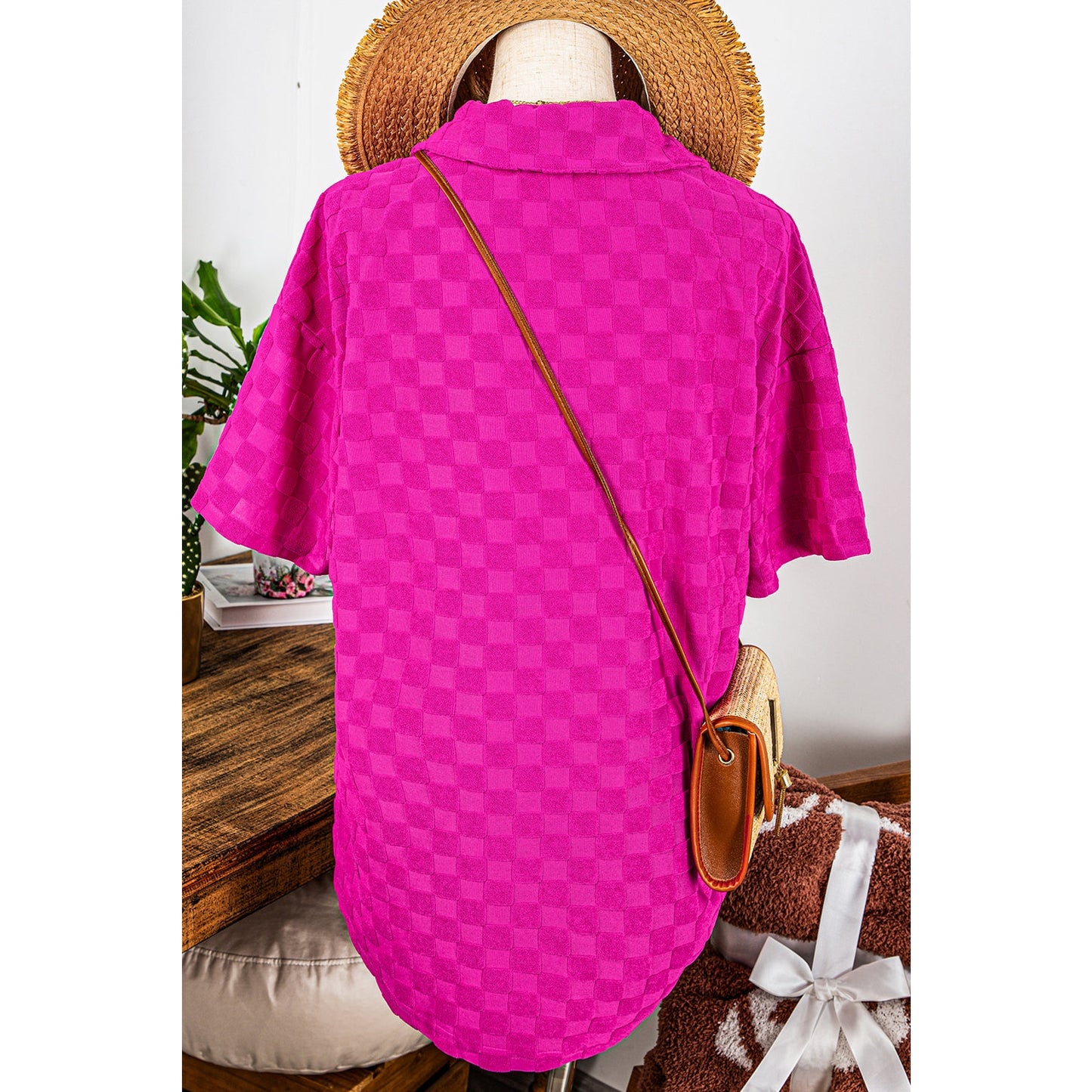 SALE!!! Carsyn Bright Pink Lapel Neck Checkered Textured Short Sleeve Shirt SALE!!!