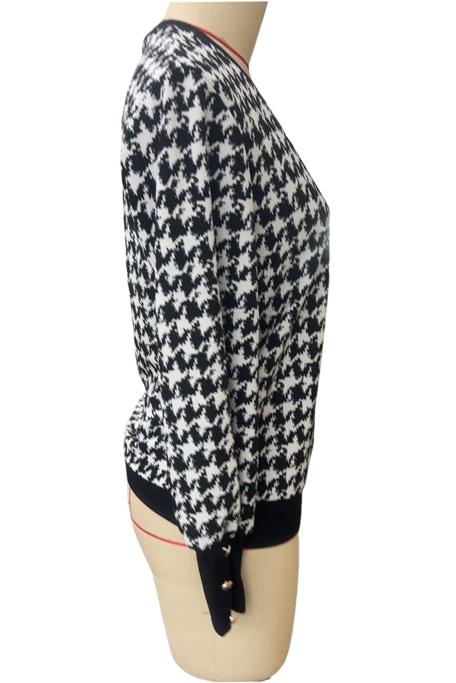 Cass Houndstooth V Neck Button Sleeve Top