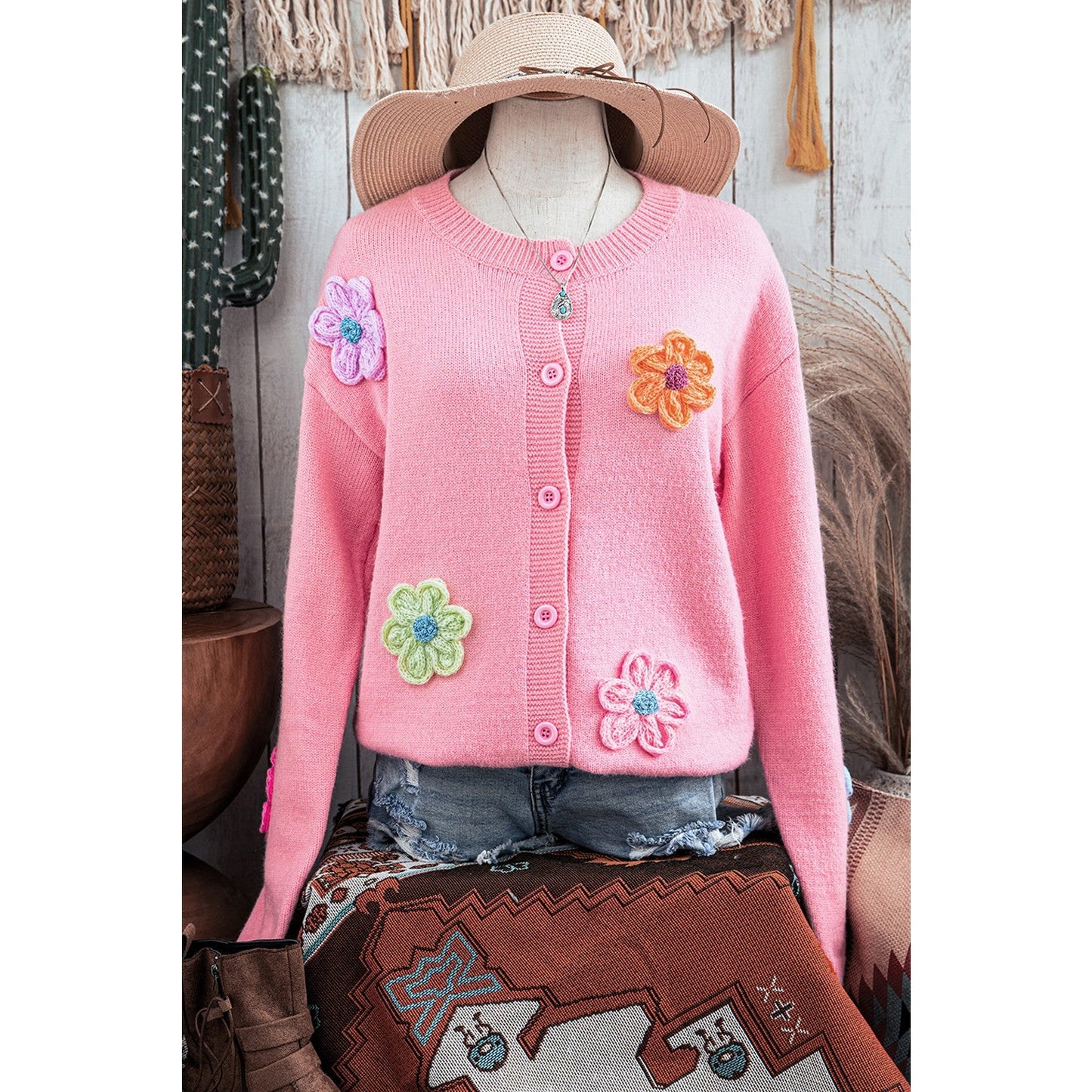 REDUCED!!! Kathleen Pink Knitted Floral Pattern Button Up Cardigan REDUCED!!!
