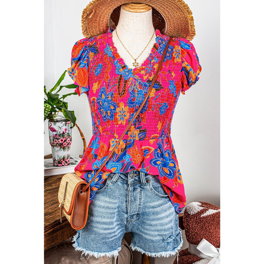 REDUCED!!!  Caz Floral Print Smocked Ruffle Trim Flutter Sleeve Blouse REDUCED!!!