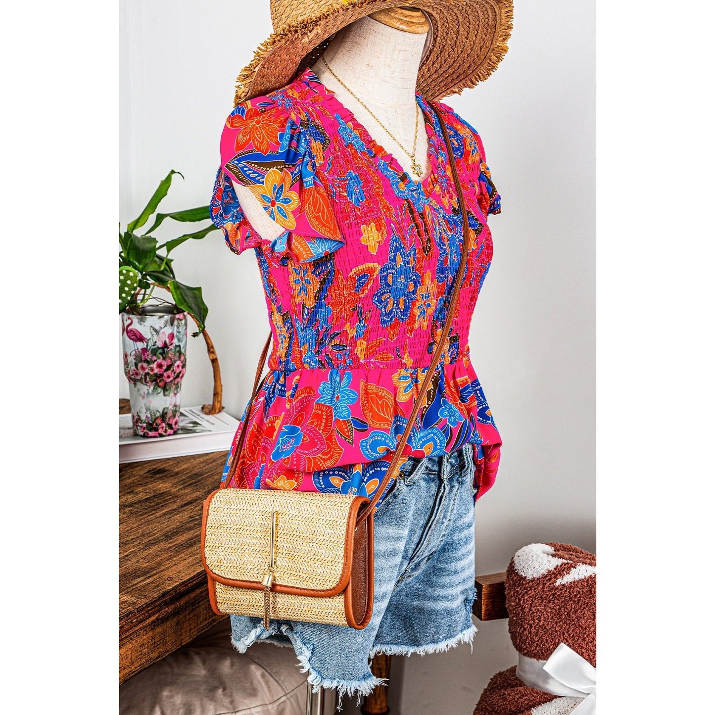 REDUCED!!! Caz Floral Print Smocked Ruffle Trim Flutter Sleeve Blouse REDUCED!!!