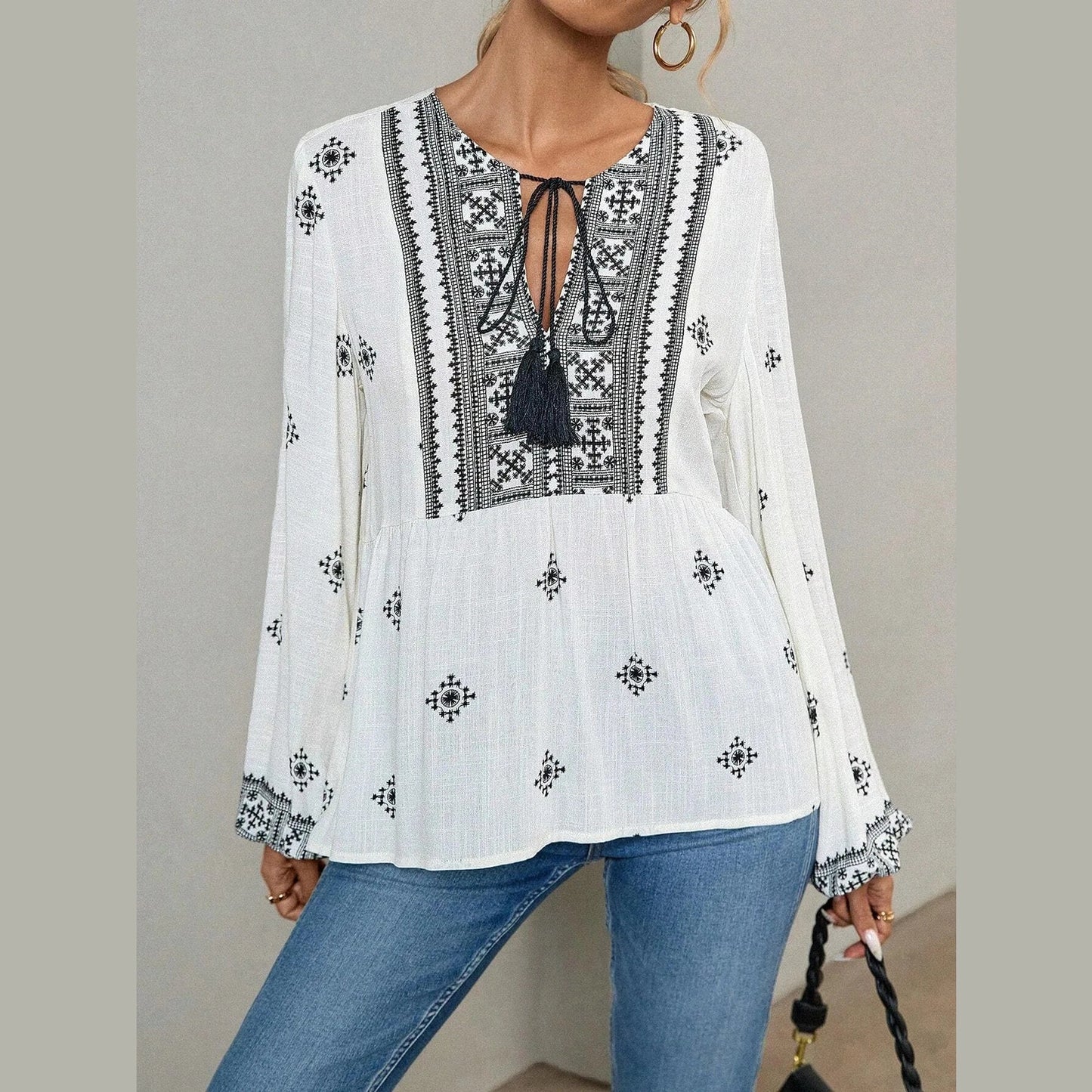 Cecily White Tassel Tie Front Boho Blouse