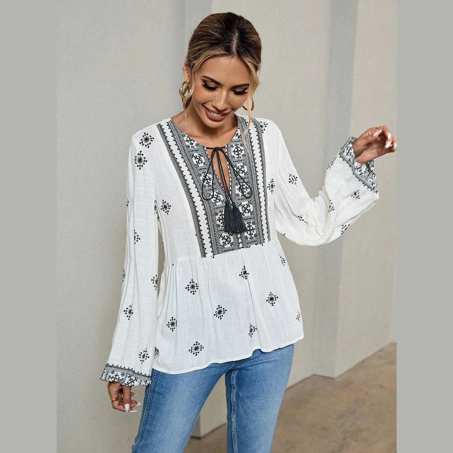 Cecily White Tassel Tie Front Boho Blouse
